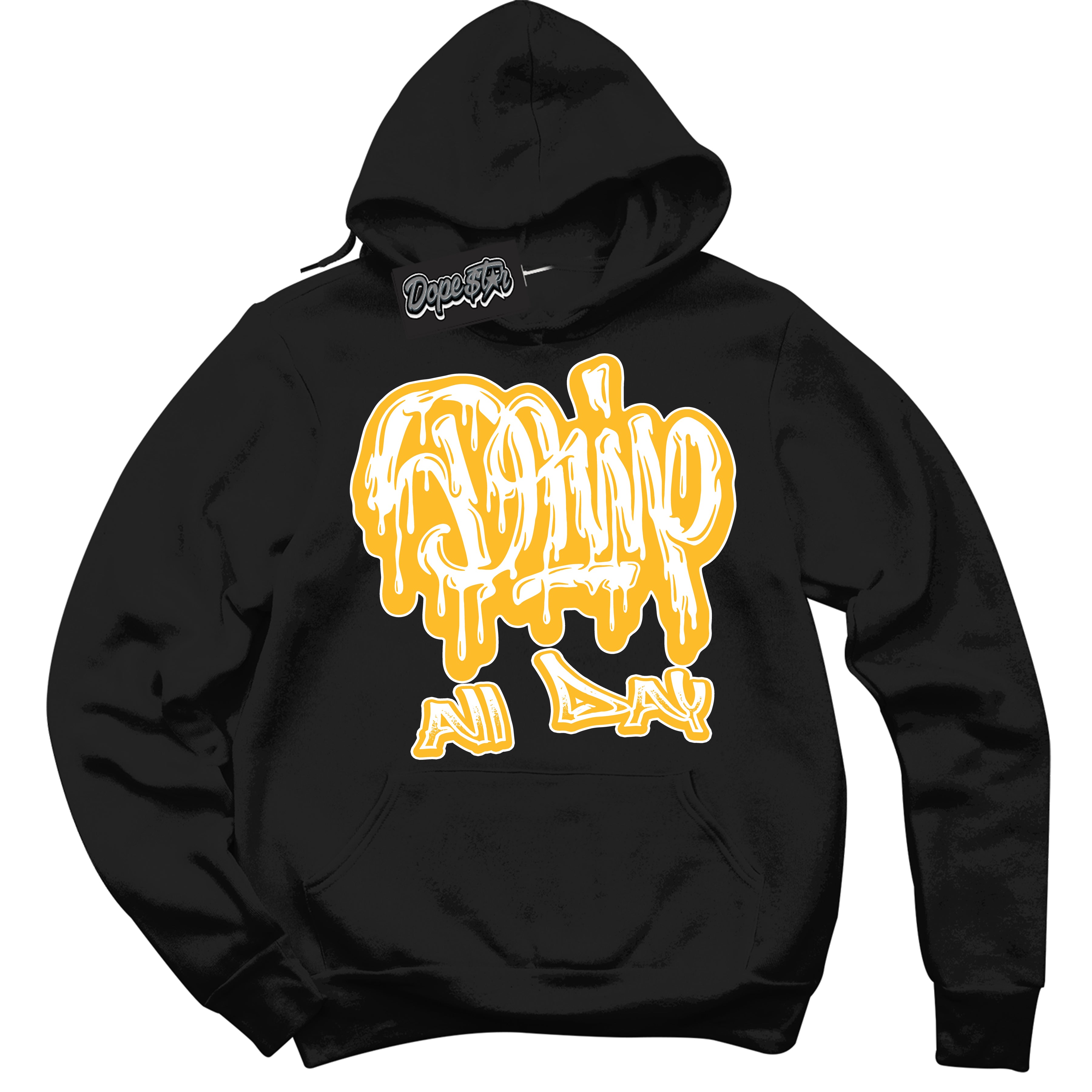 Cool Black Hoodie with “ Drip All Day '' design that Perfectly Matches  White University Gold Sneakers.