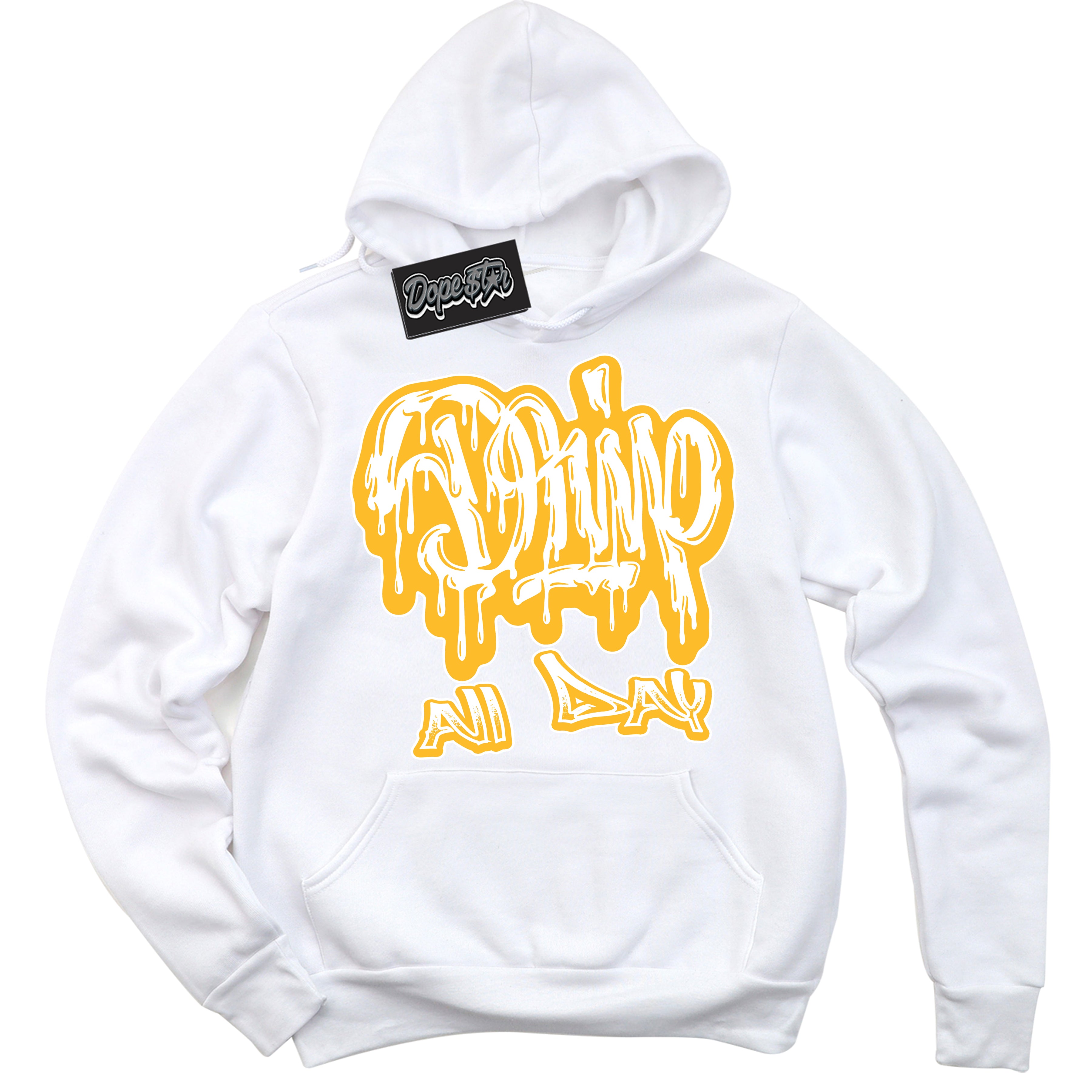 Cool White Hoodie with “ Drip All Day '' design that Perfectly Matches  White University Gold Sneakers.