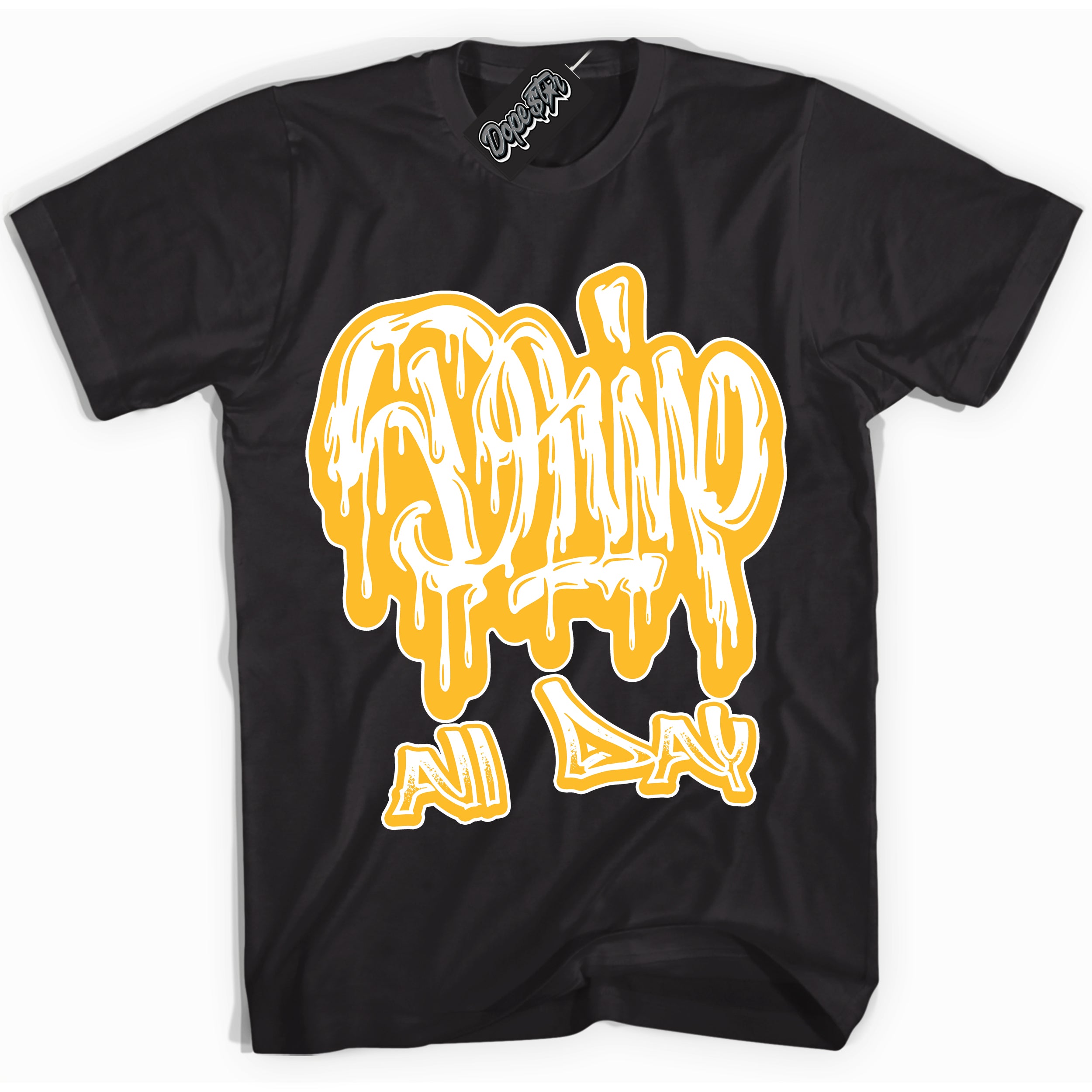 Cool Black Shirt with “ Drip All Day ” design that perfectly matches White University Gold Sneakers.