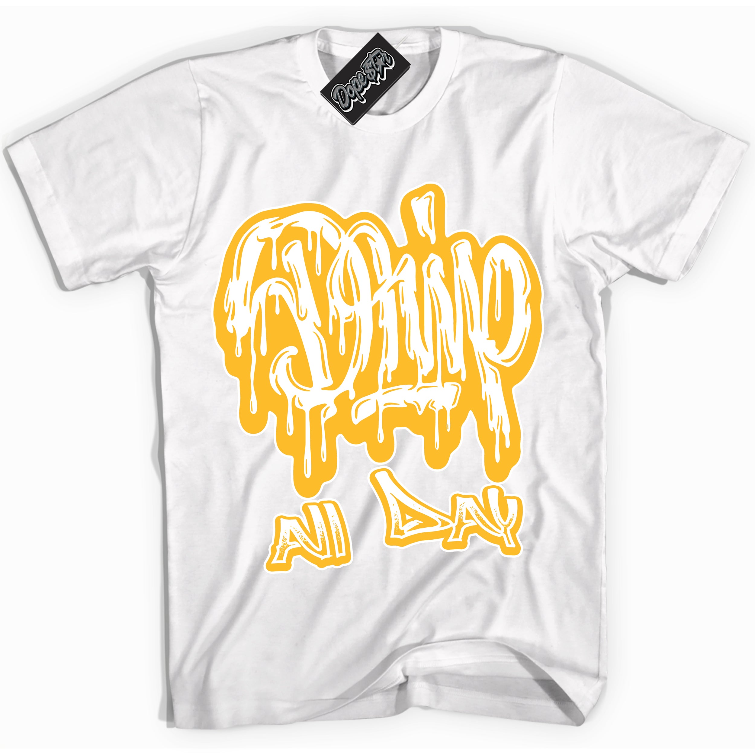 Cool White Shirt with “ Drip All Day ” design that perfectly matches White University Gold Sneakers.