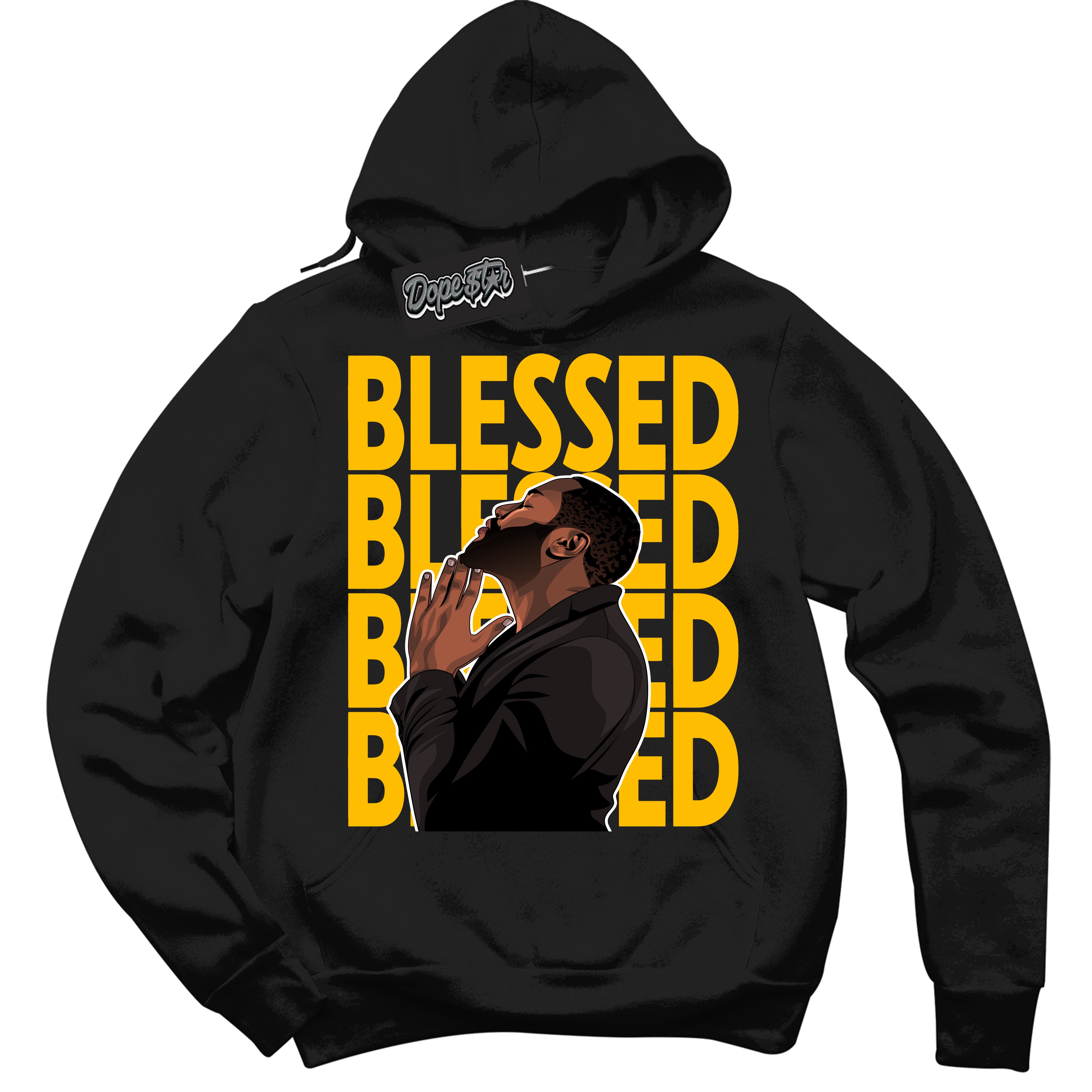 Cool Black Hoodie with “ God Blessed '' design that Perfectly Matches  White University Gold Sneakers.