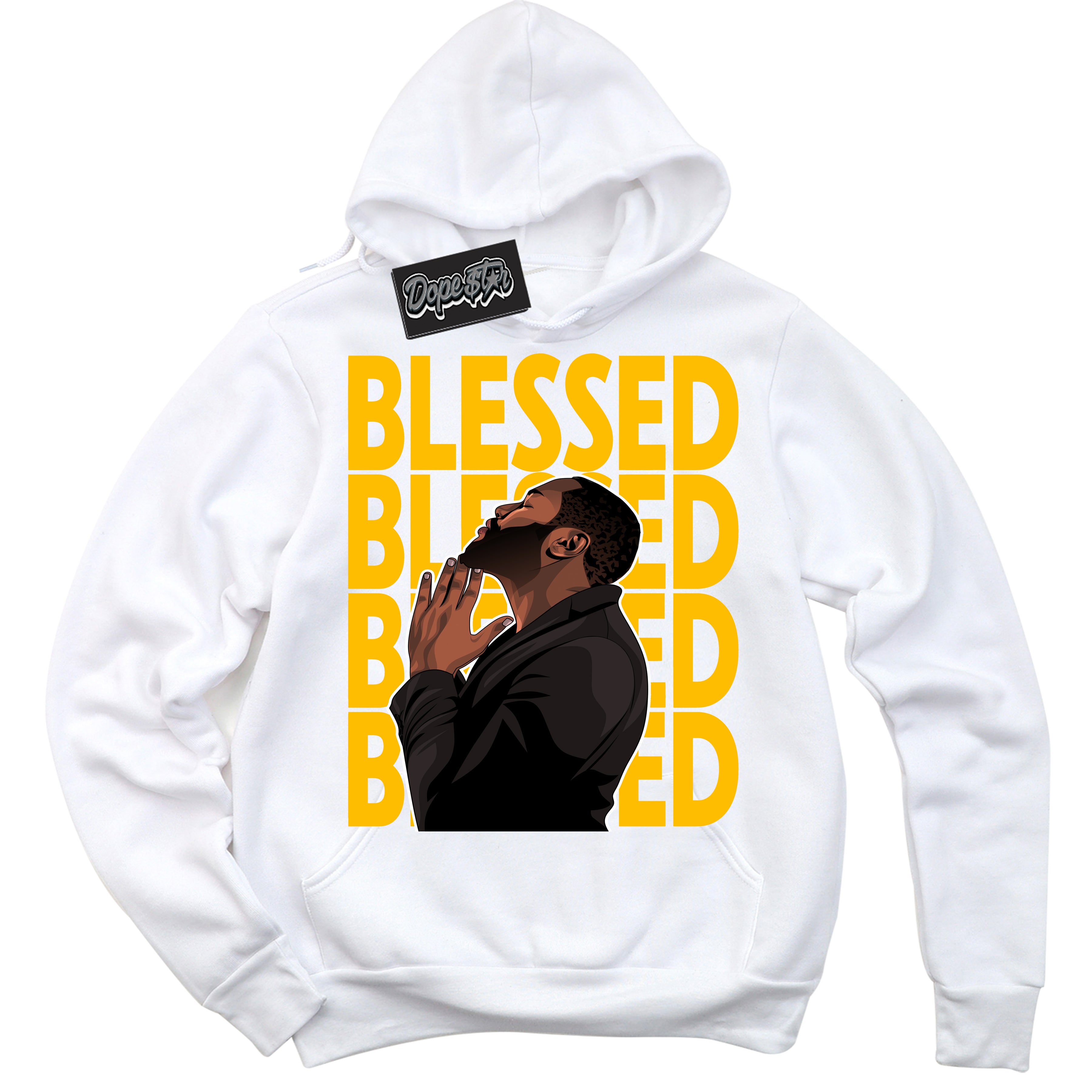 Cool White Hoodie with “ God Blessed '' design that Perfectly Matches  White University Gold Sneakers.