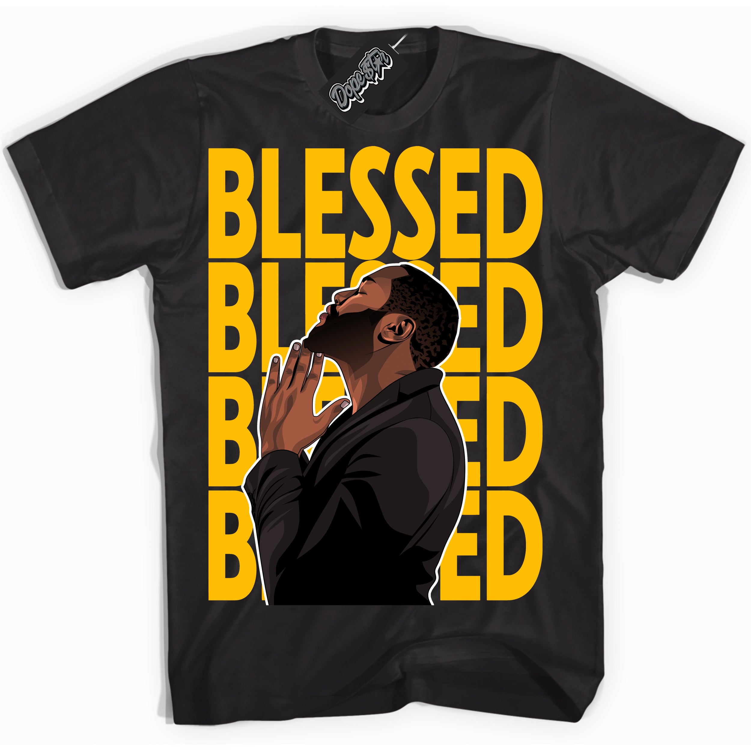 Cool Black Shirt with “ God Blessed ” design that perfectly matches White University Gold Sneakers.