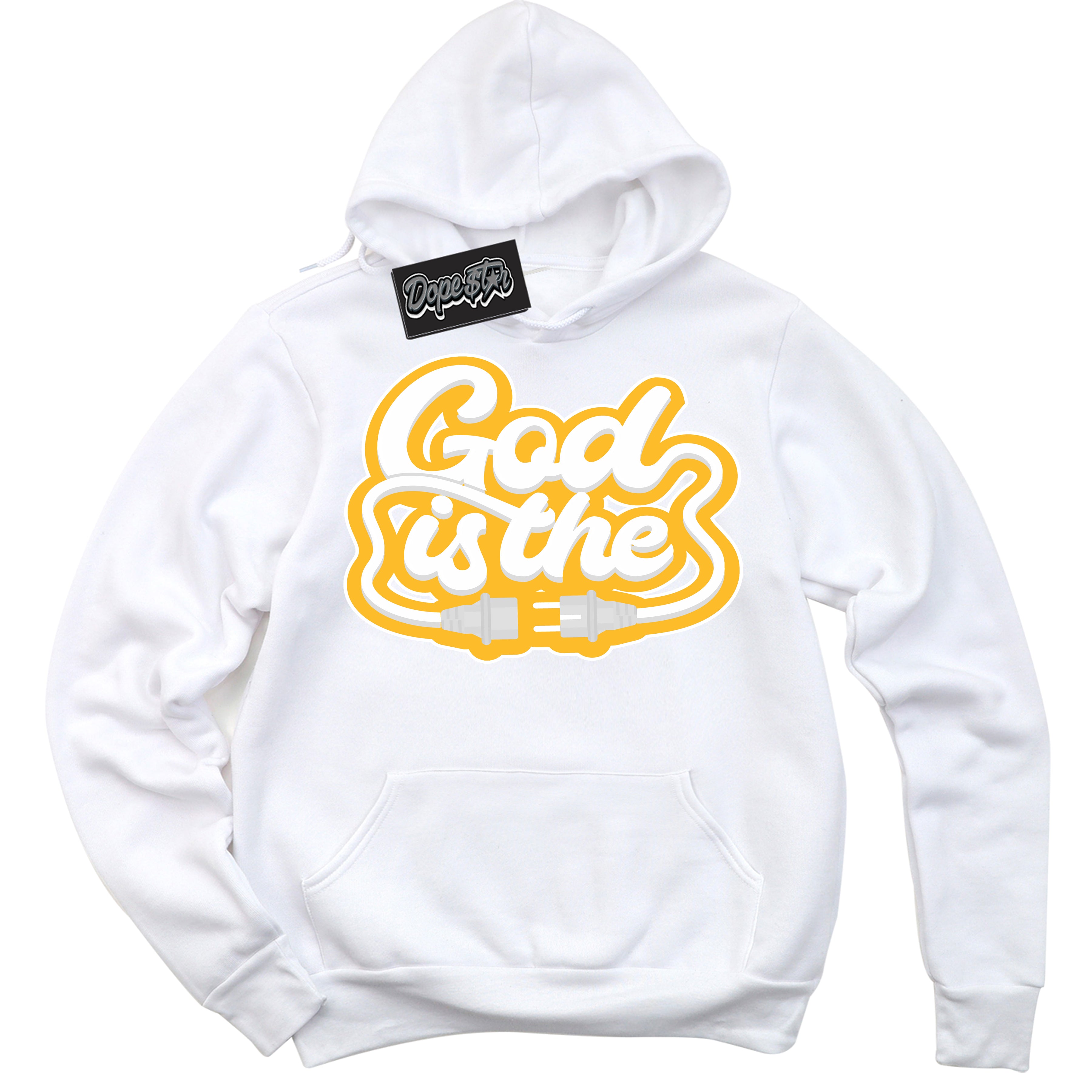 Cool White Hoodie with “ God Is The '' design that Perfectly Matches  White University Gold Sneakers.