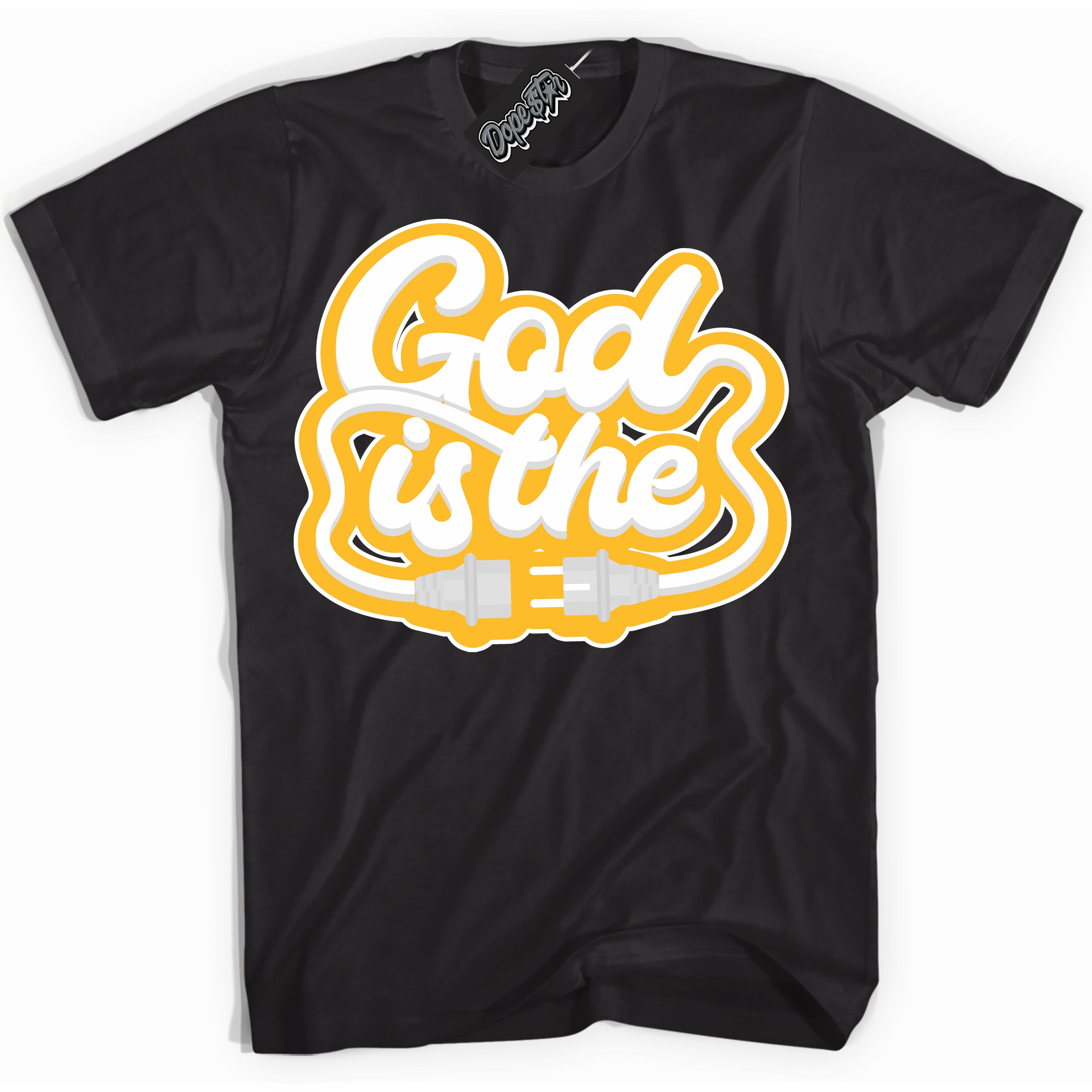 Cool Black Shirt with “ God Is The ” design that perfectly matches White University Gold Sneakers.