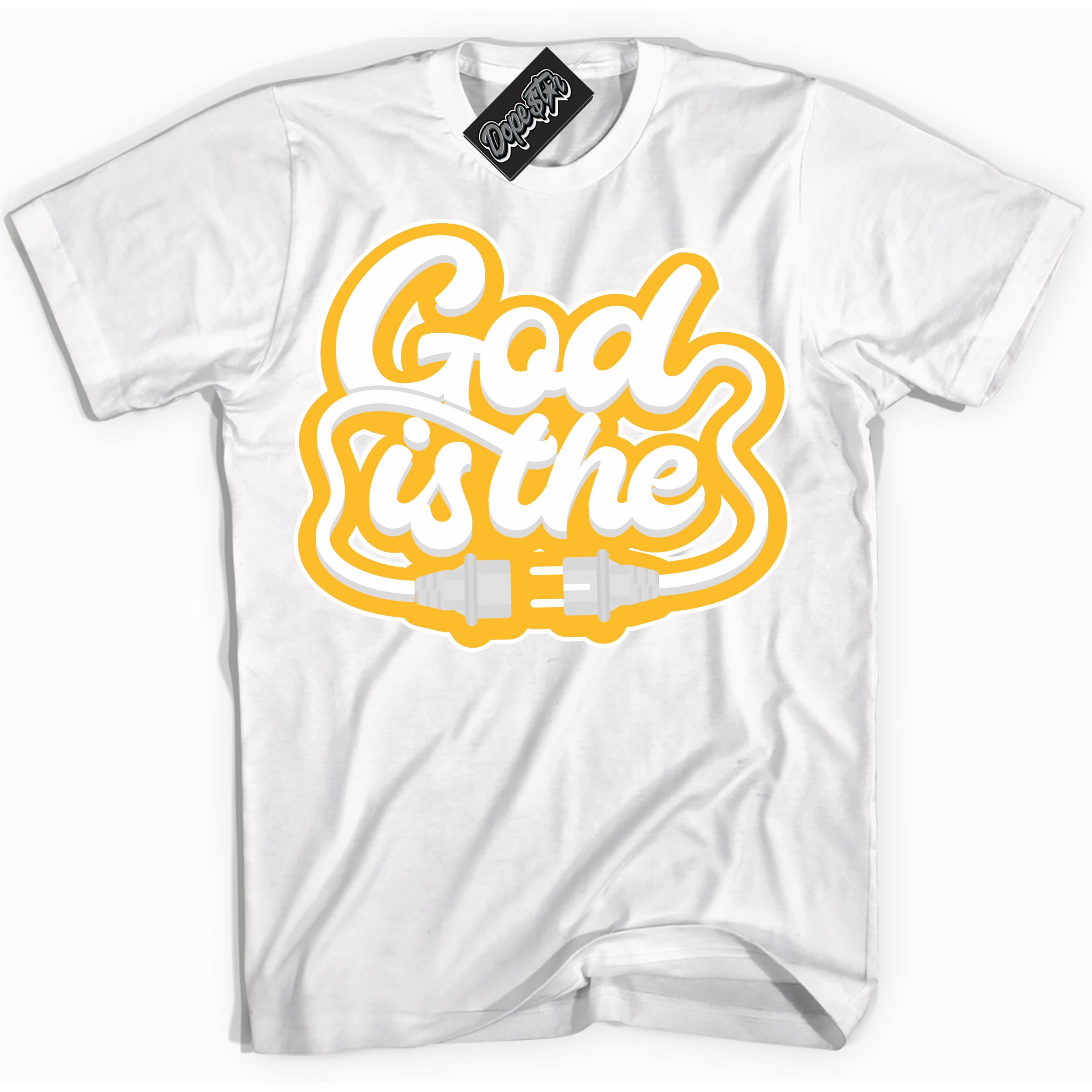 Cool White Shirt with “ God Is The ” design that perfectly matches White University Gold Sneakers.