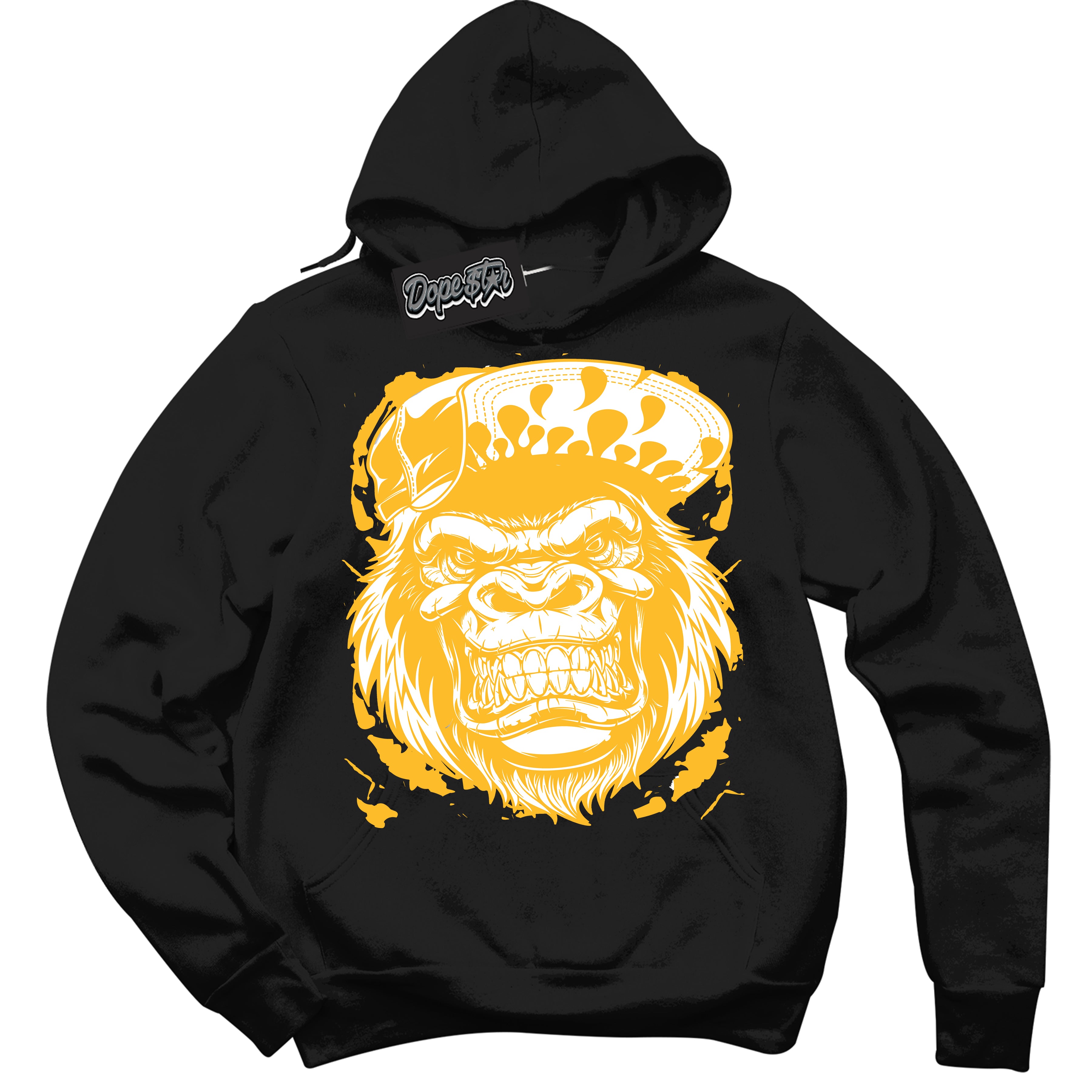 Cool Black Hoodie with “ Gorilla Beast '' design that Perfectly Matches  White University Gold Sneakers.