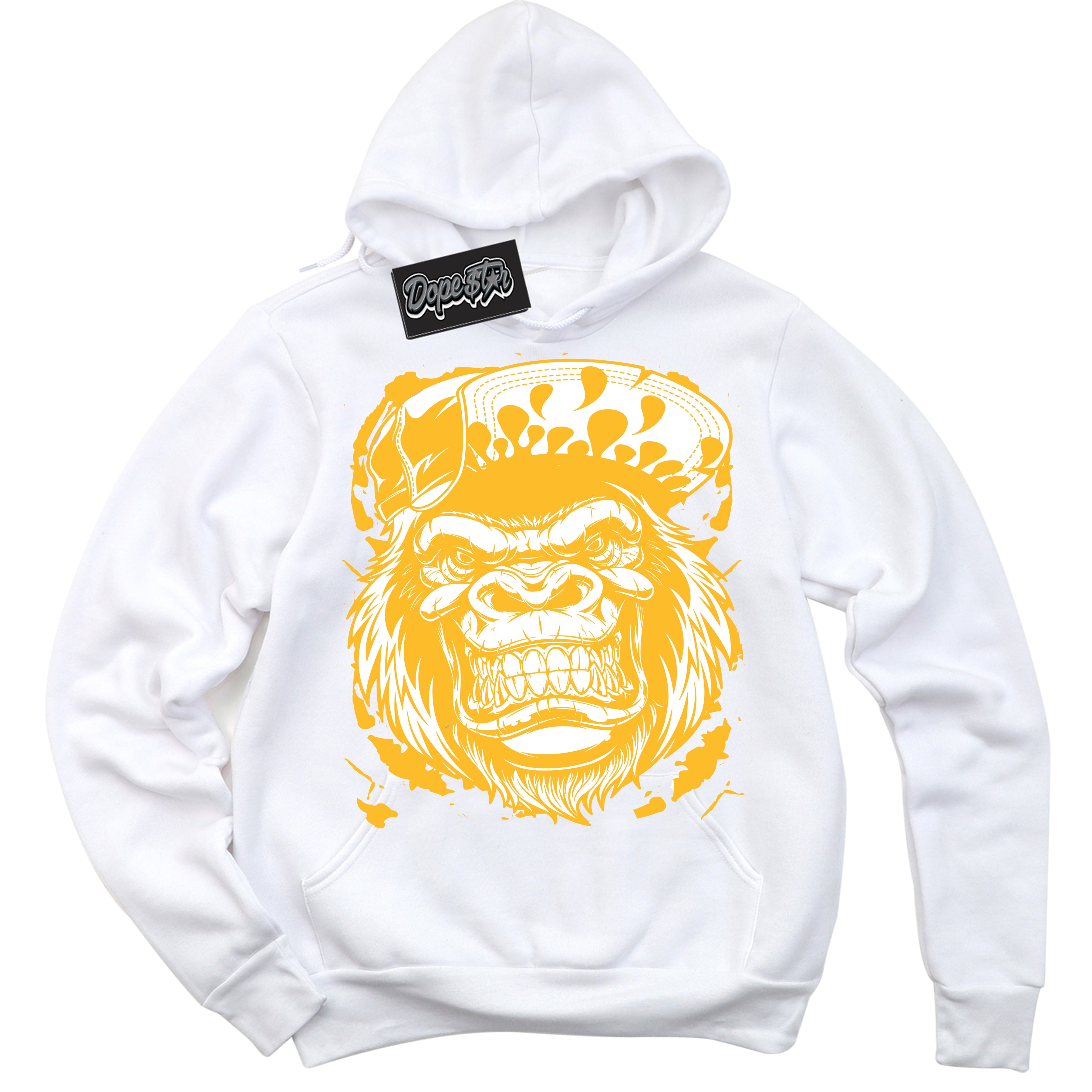 Cool White Hoodie with “ Gorilla Beast '' design that Perfectly Matches  White University Gold Sneakers.