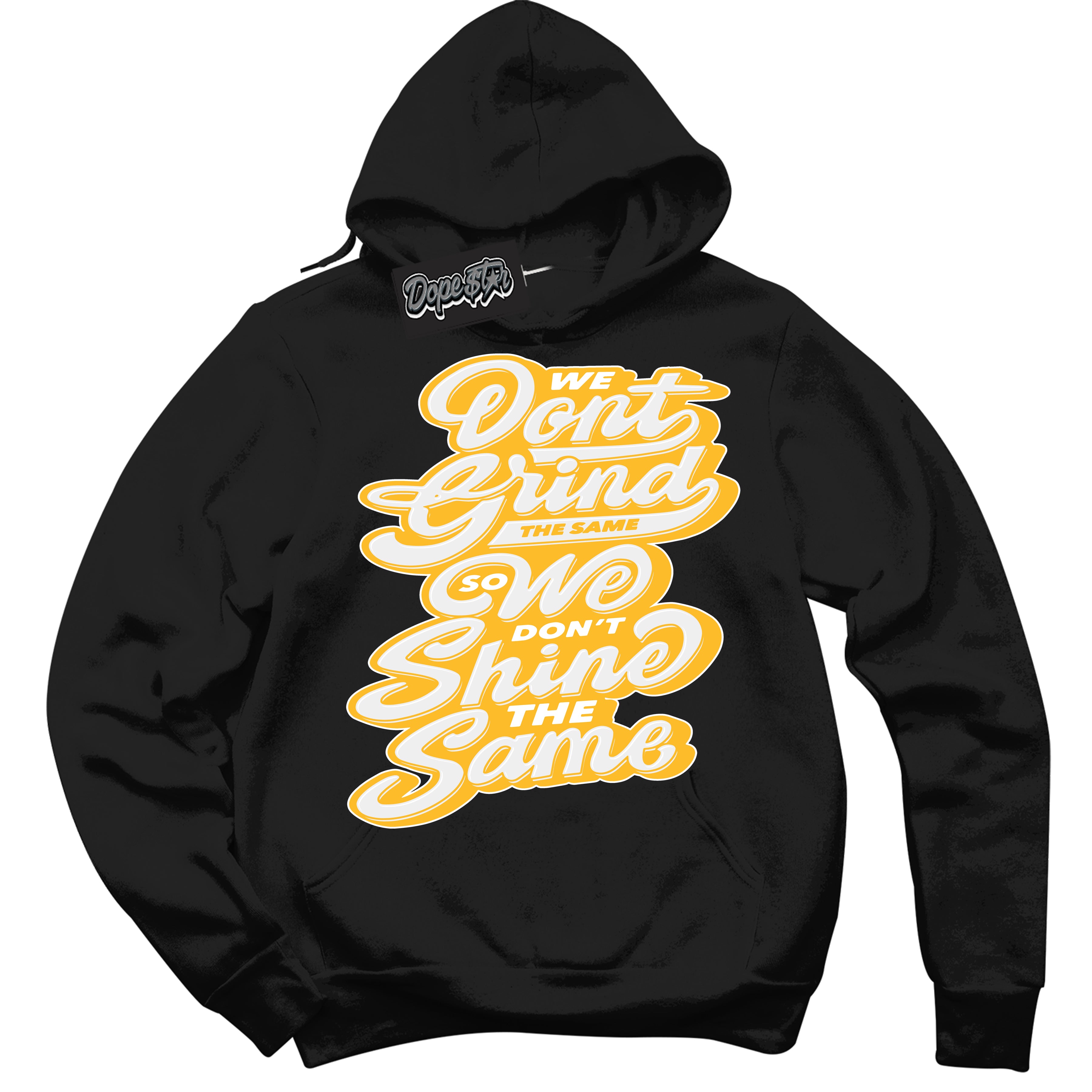 Cool Black Hoodie with “ Grind Shine '' design that Perfectly Matches  White University Gold Sneakers.