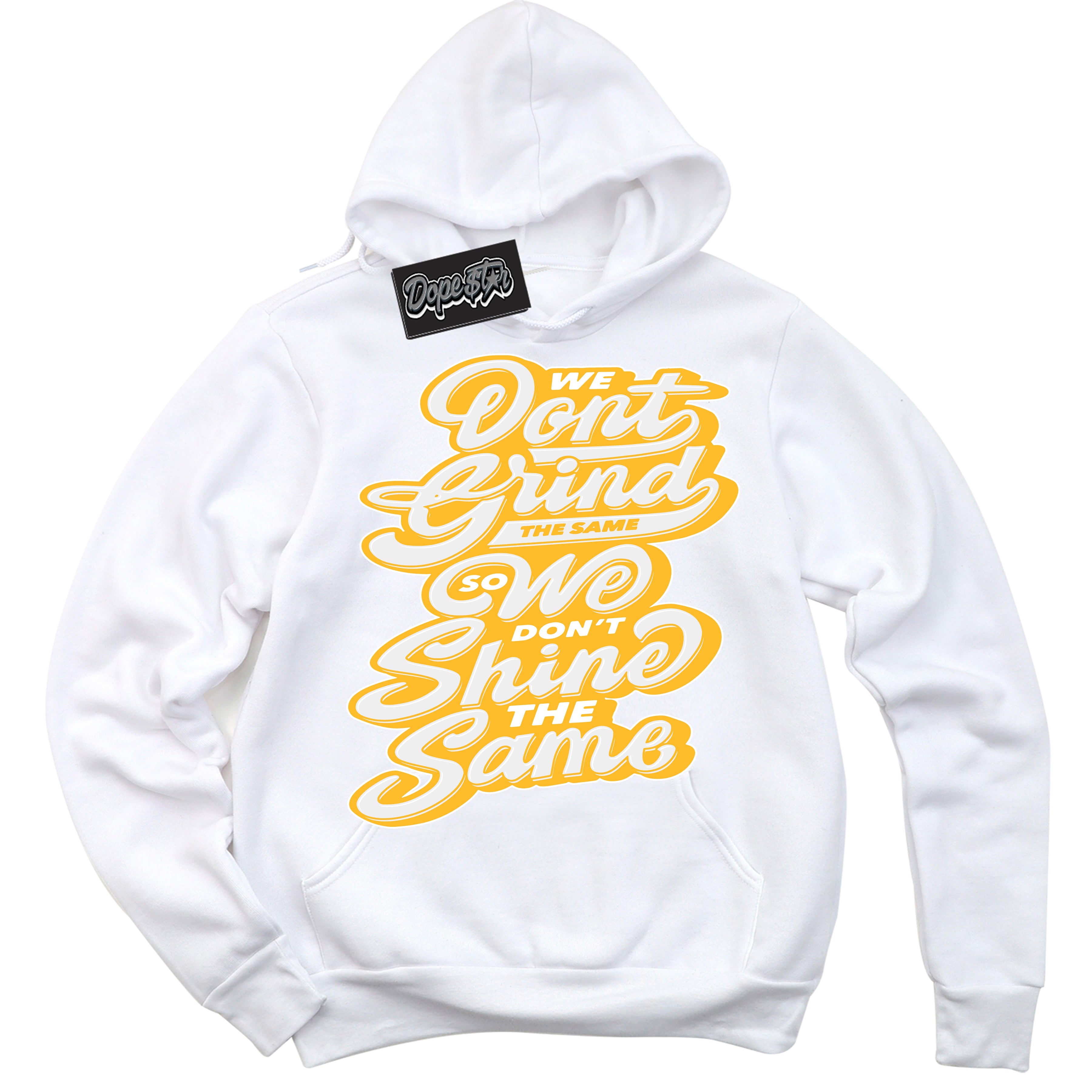 Cool White Hoodie with “ Grind Shine '' design that Perfectly Matches  White University Gold Sneakers.