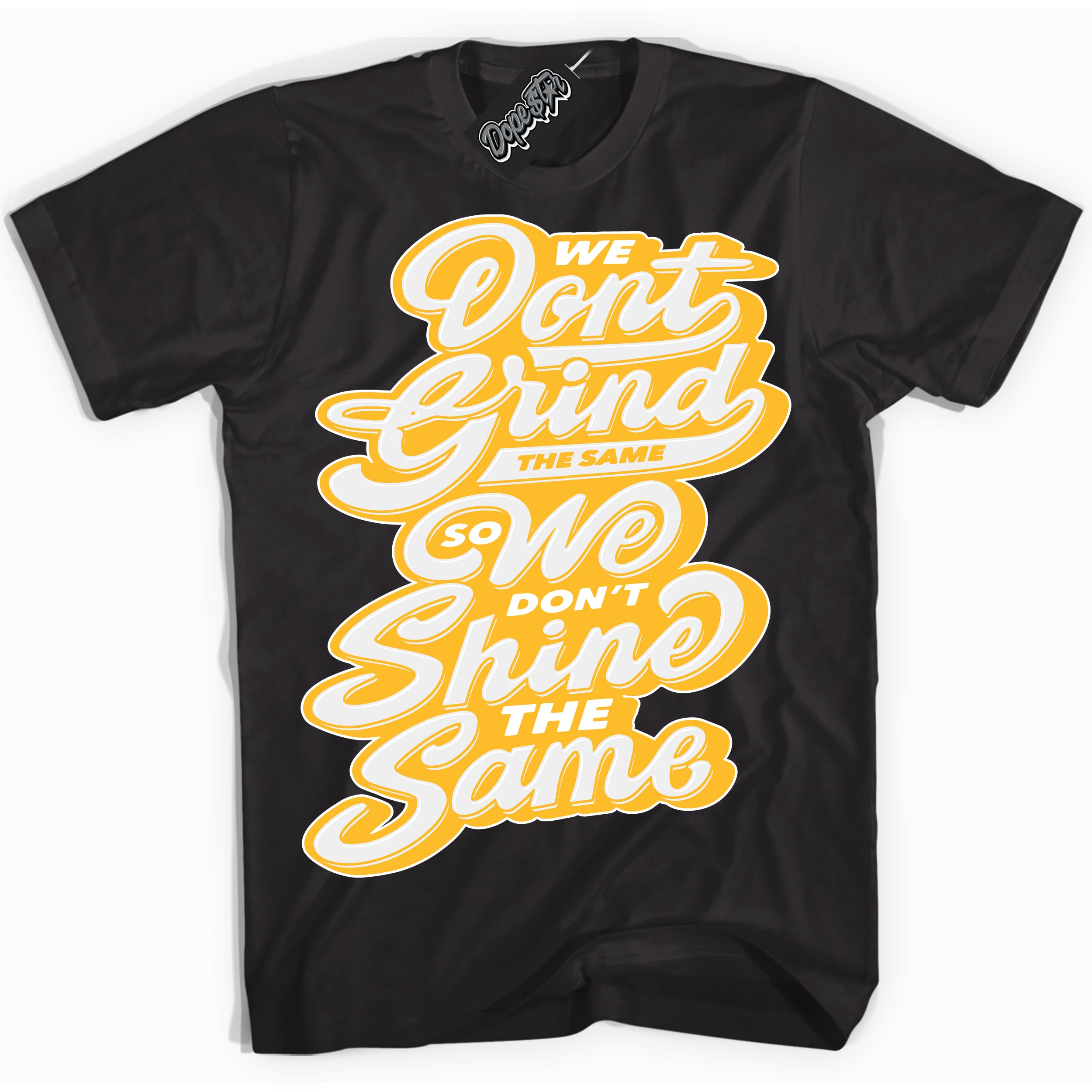 Cool Black Shirt with “ Grind Shine ” design that perfectly matches White University Gold Sneakers.