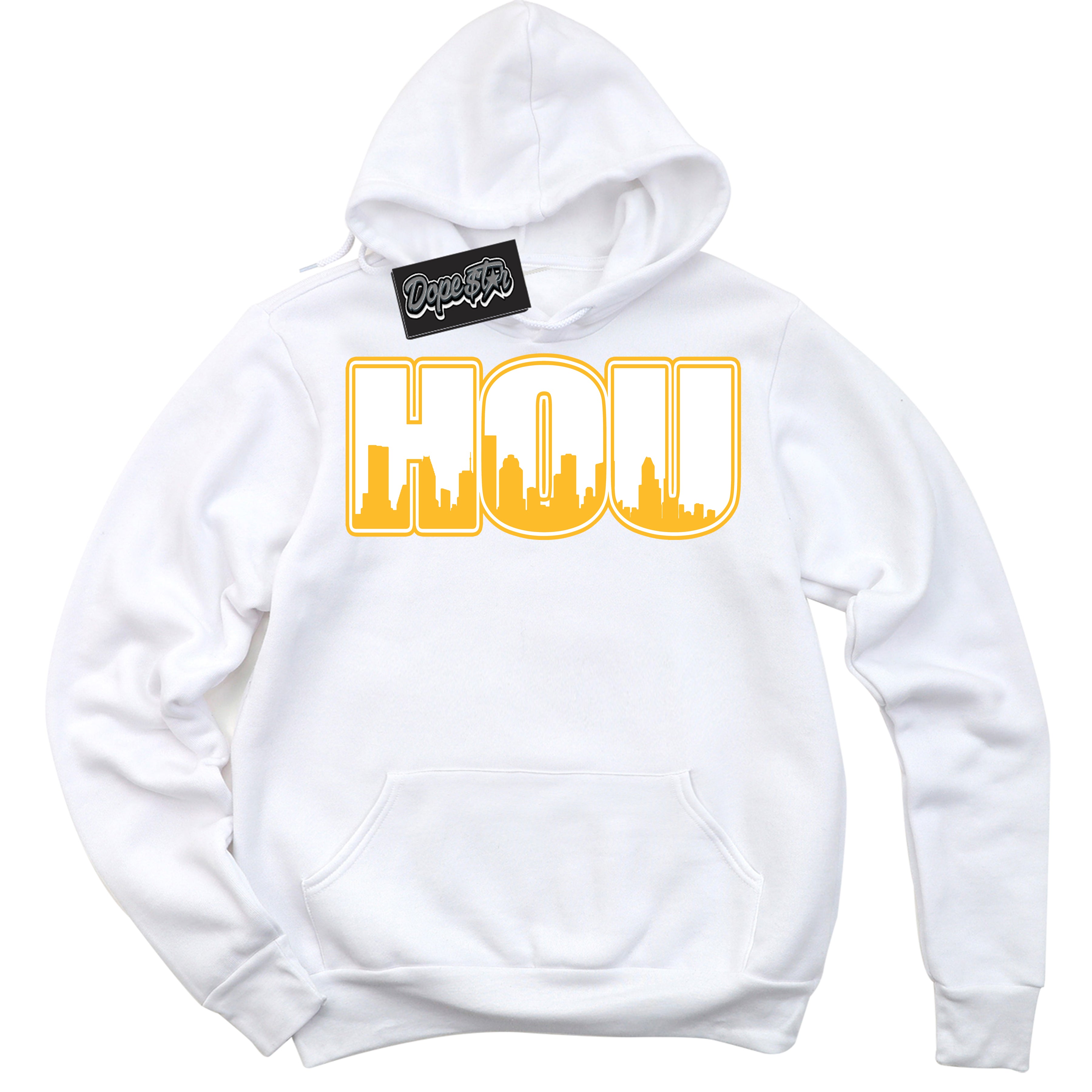 Cool White Hoodie with “ Houston '' design that Perfectly Matches  White University Gold Sneakers.