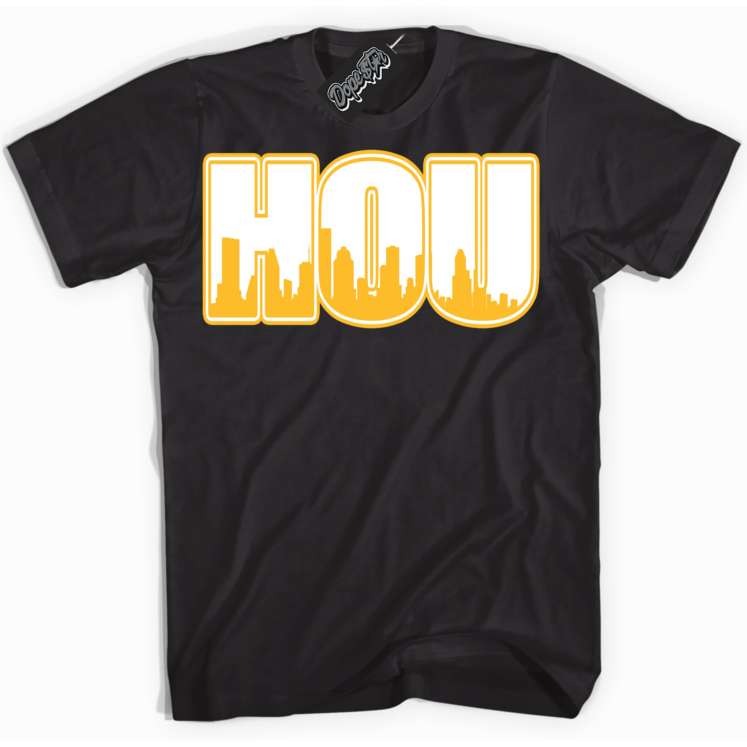 Cool Black Shirt with “ Houston ” design that perfectly matches White University Gold Sneakers.