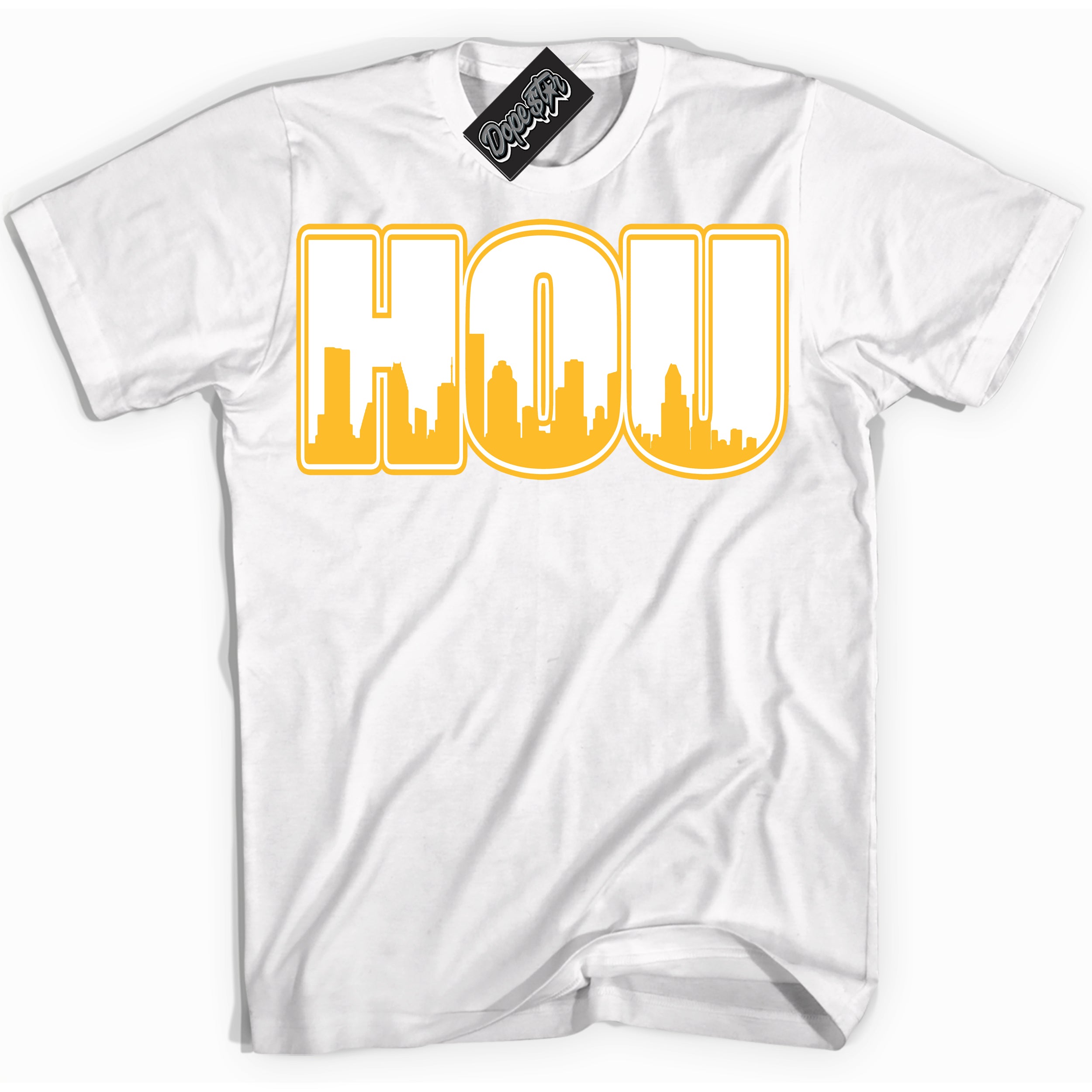 Cool White Shirt with “ Houston ” design that perfectly matches White University Gold Sneakers.