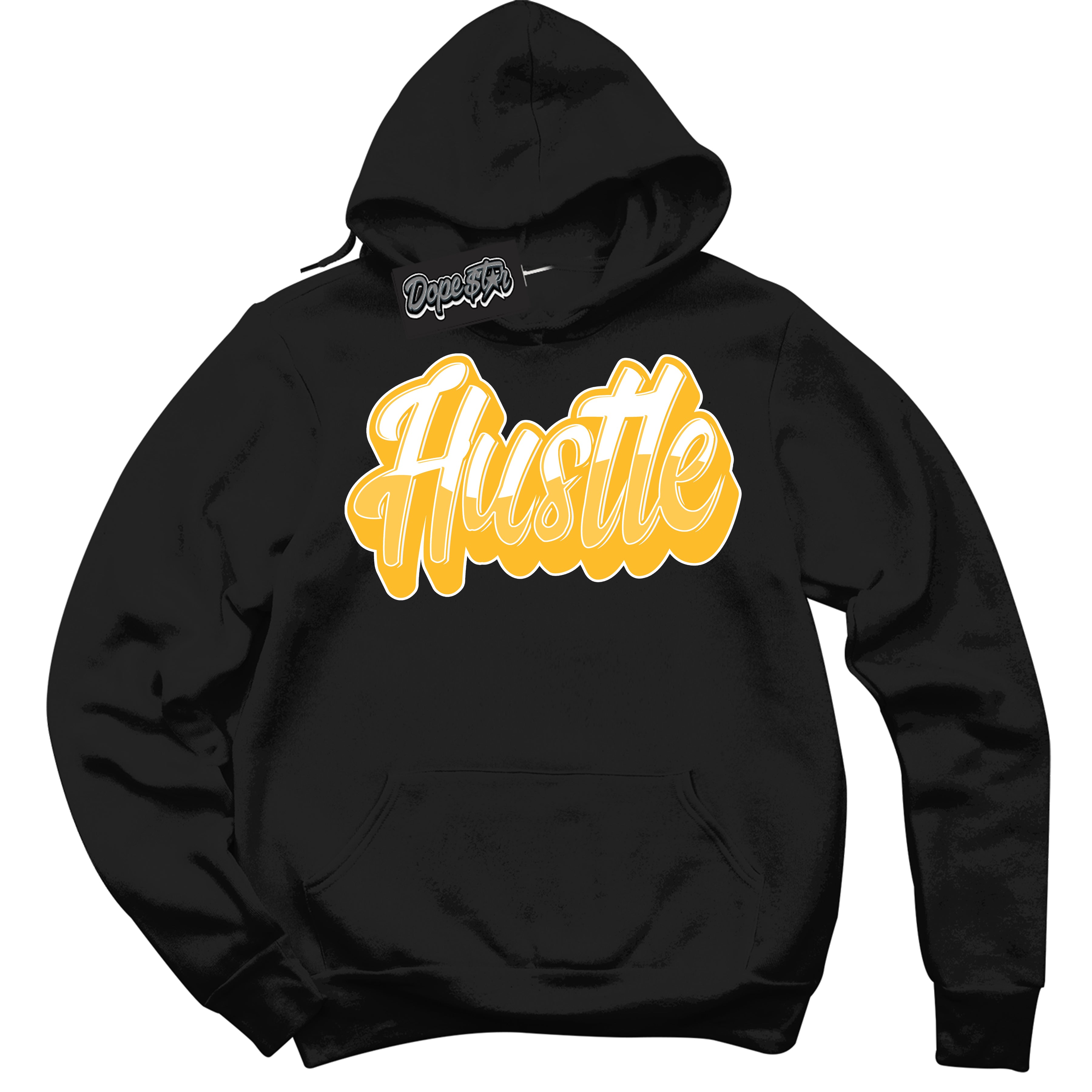 Cool Black Hoodie with “ Hustle '' design that Perfectly Matches  White University Gold Sneakers.