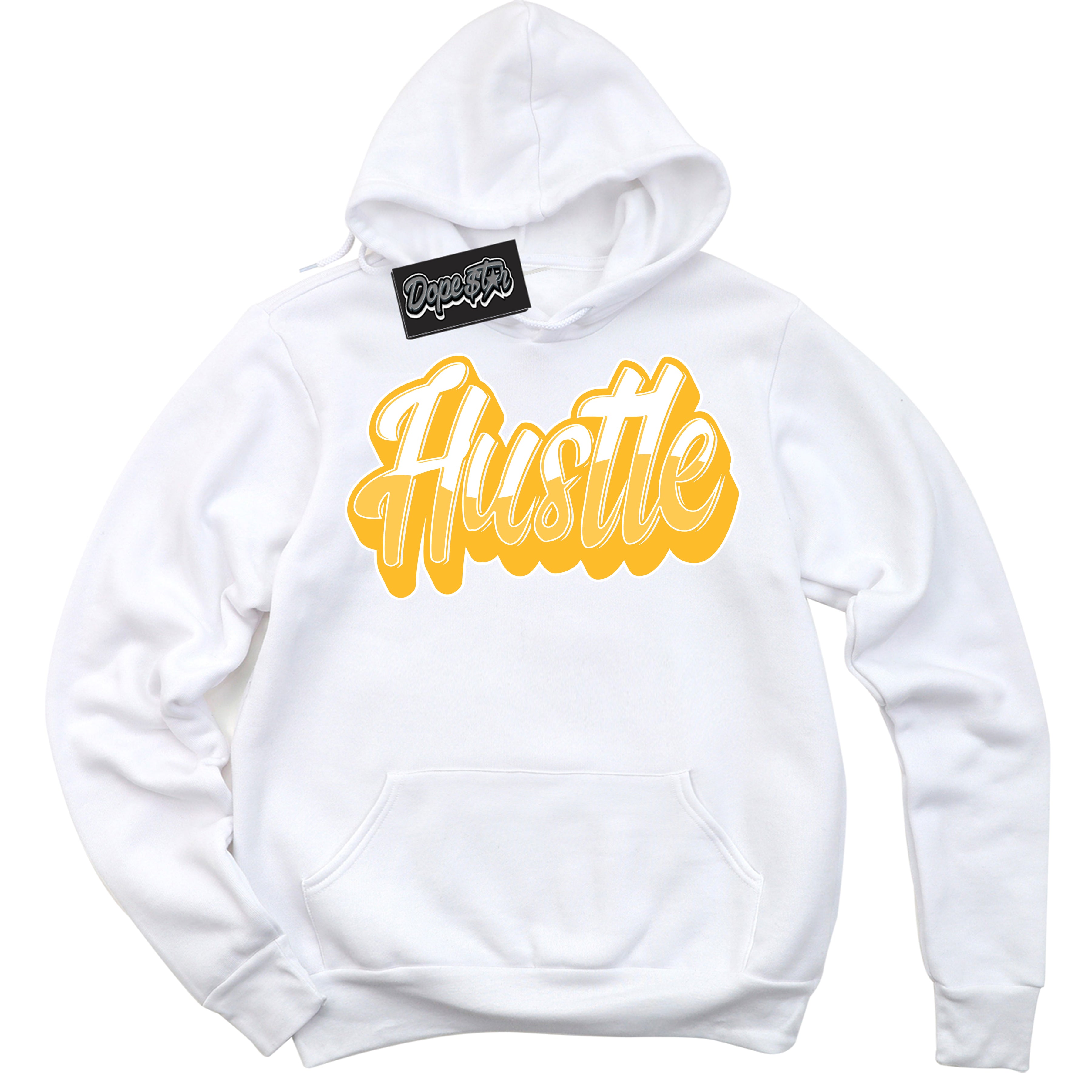 Cool White Hoodie with “ Hustle '' design that Perfectly Matches  White University Gold Sneakers.