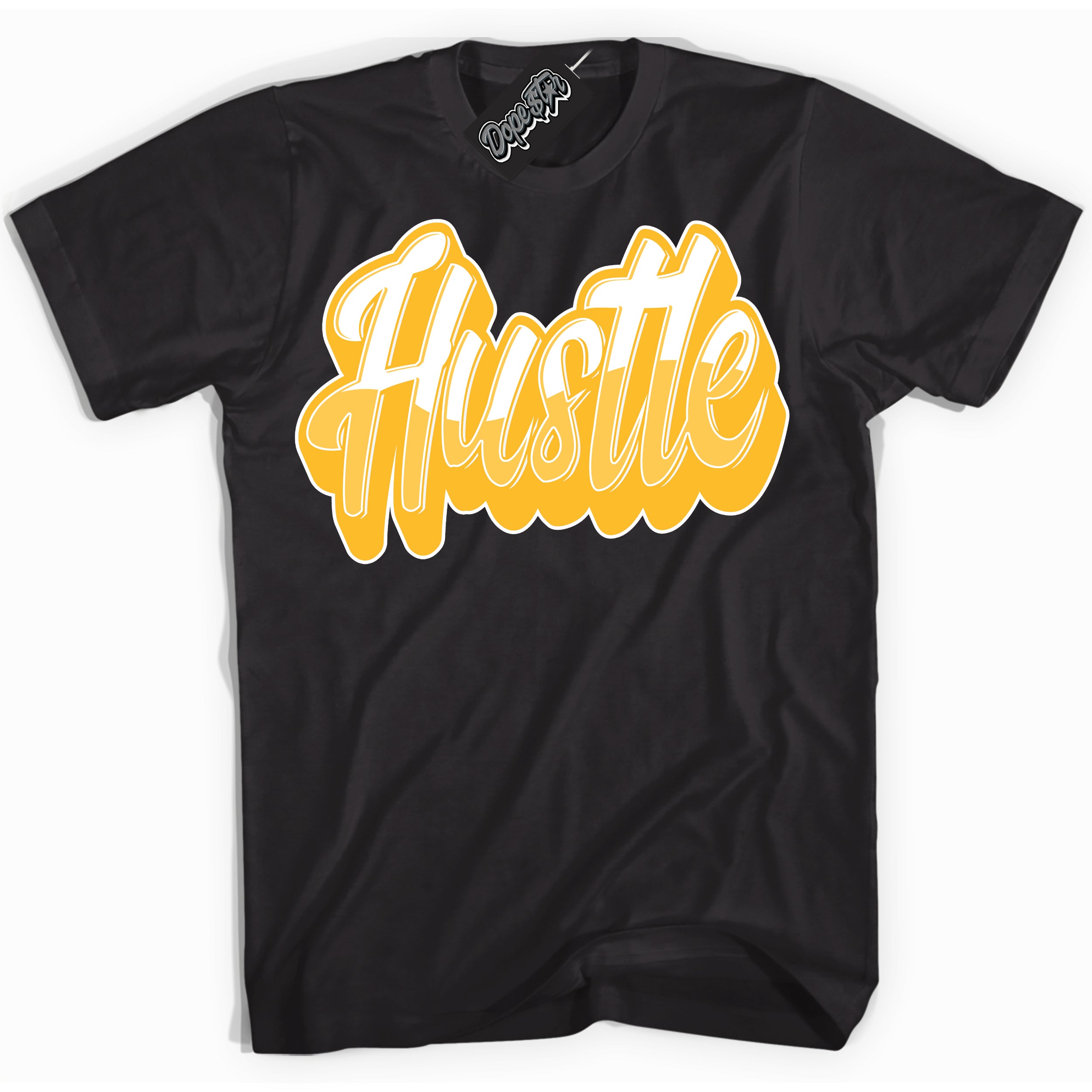 Cool Black Shirt with “ Hustle ” design that perfectly matches White University Gold Sneakers.