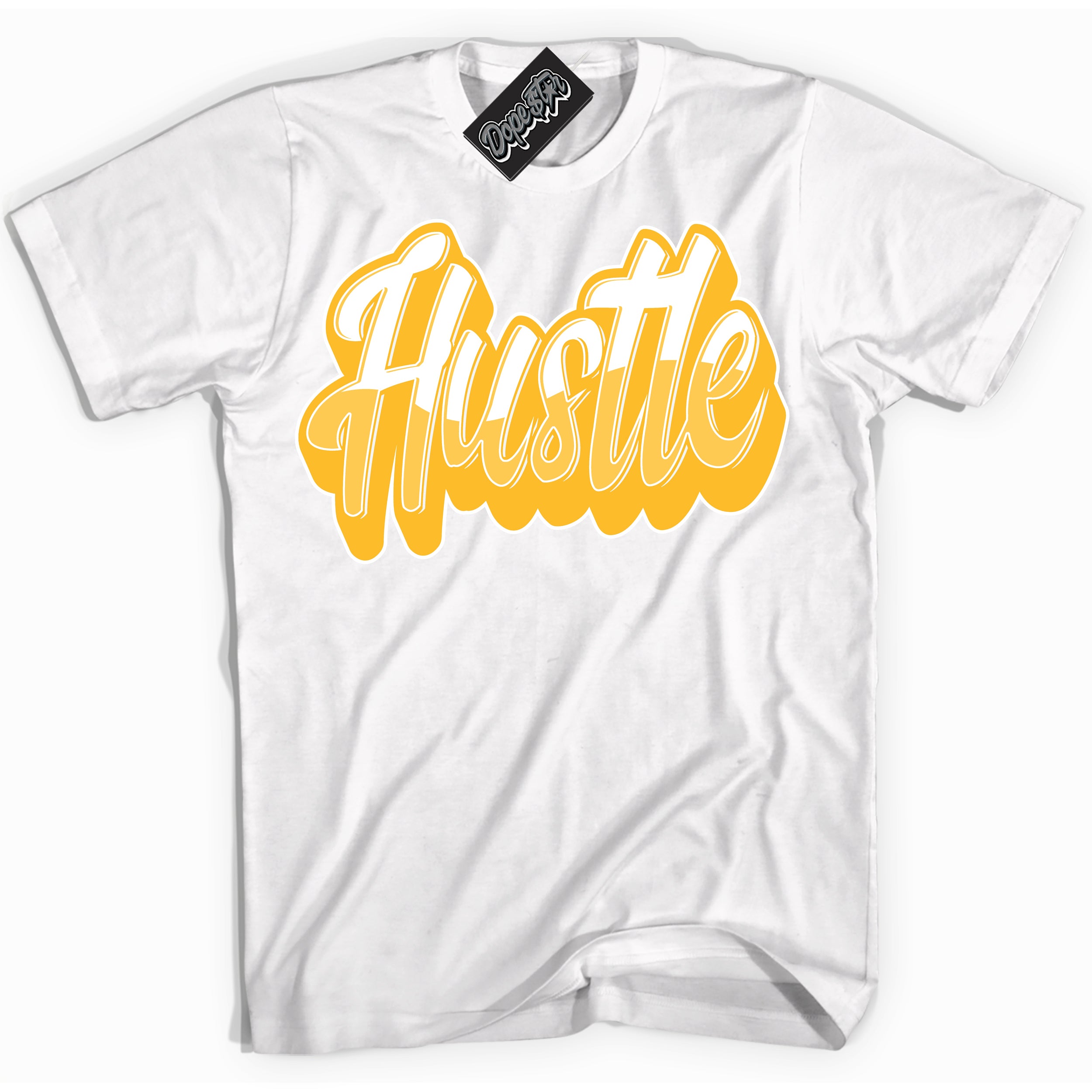 Cool White Shirt with “ Hustle ” design that perfectly matches White University Gold Sneakers.