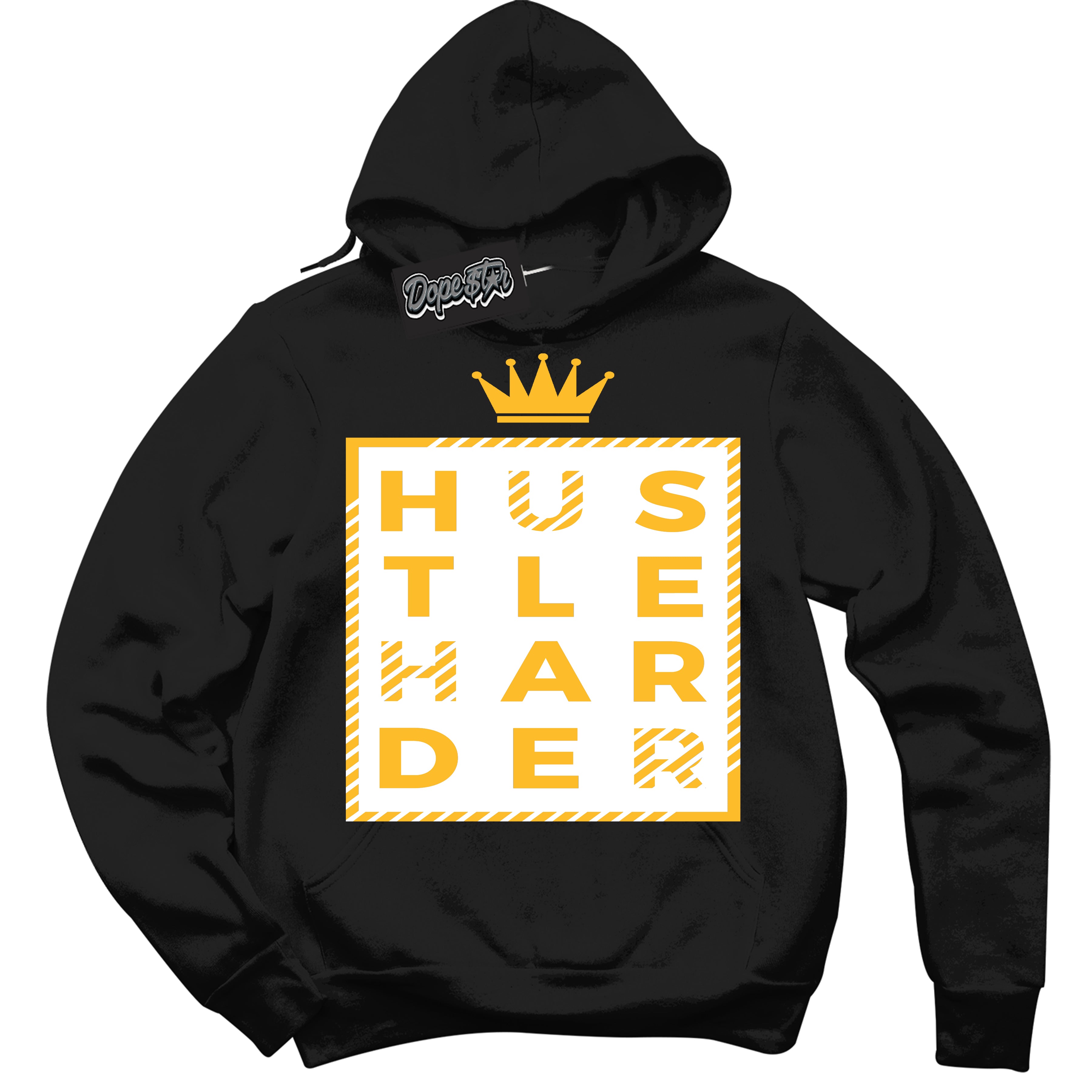 Cool Black Hoodie with “ Hustle Harder '' design that Perfectly Matches  White University Gold Sneakers.