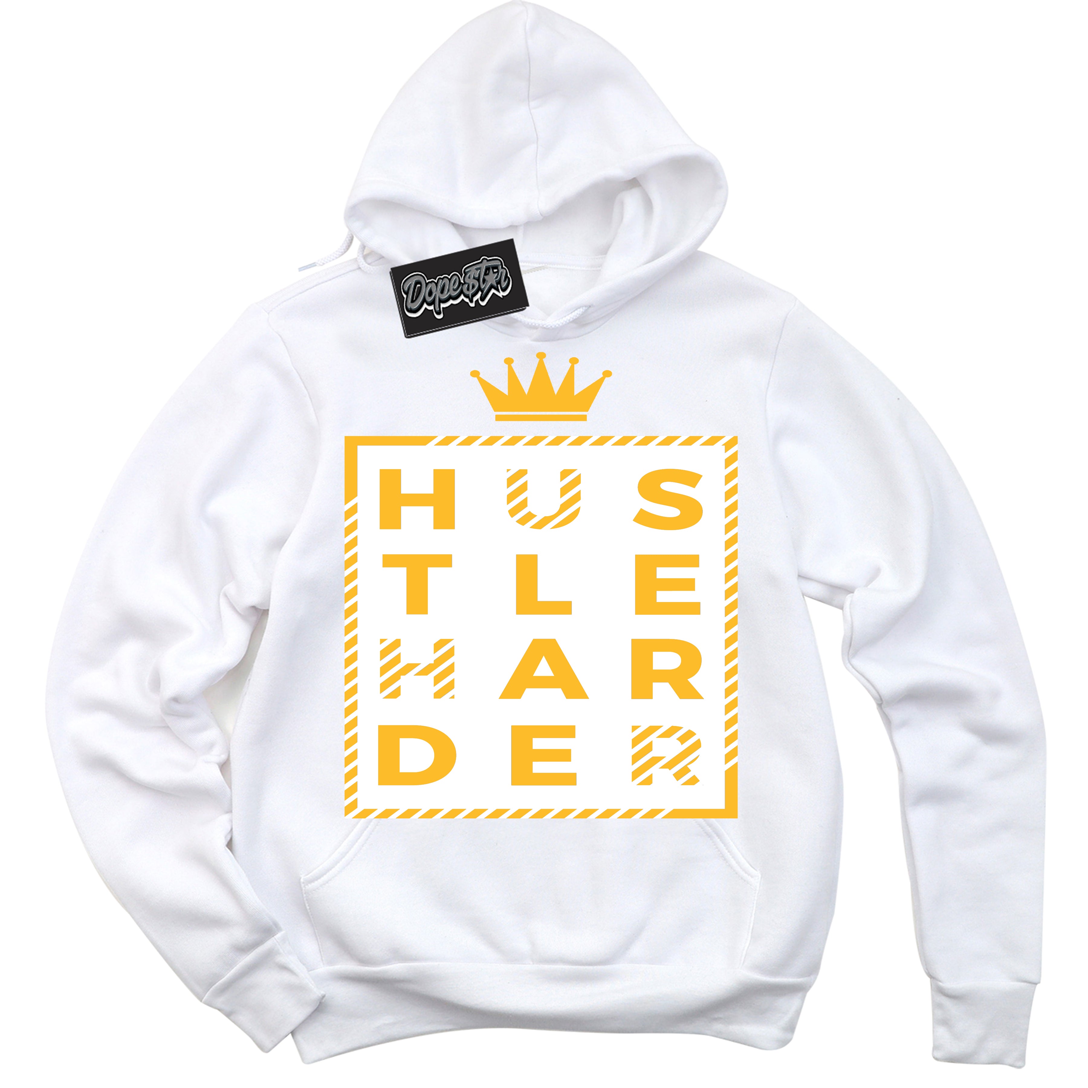 Cool White Hoodie with “ Hustle Harder '' design that Perfectly Matches  White University Gold Sneakers.