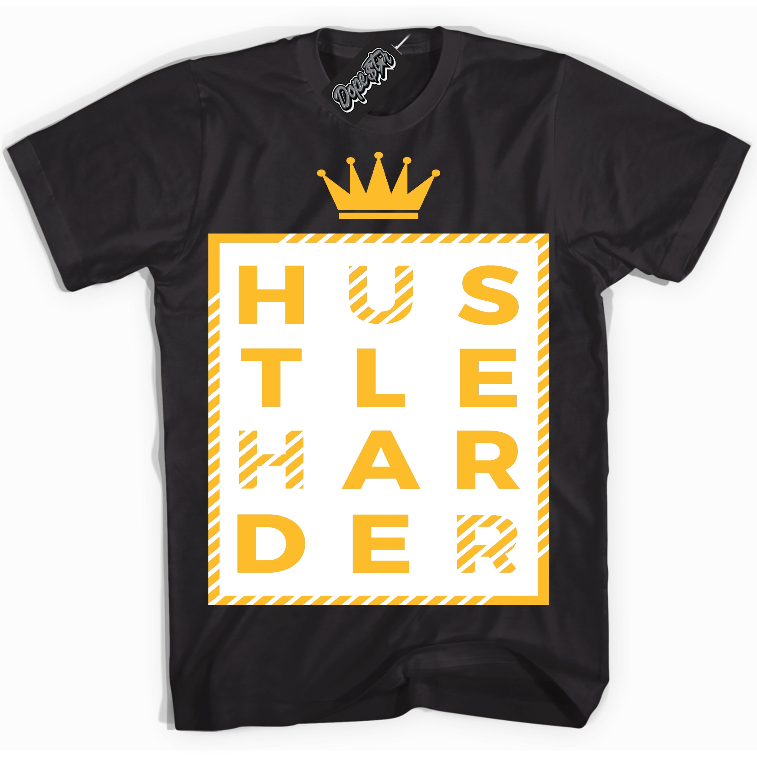 Cool Black Shirt with “ Hustle Harder ” design that perfectly matches White University Gold Sneakers.