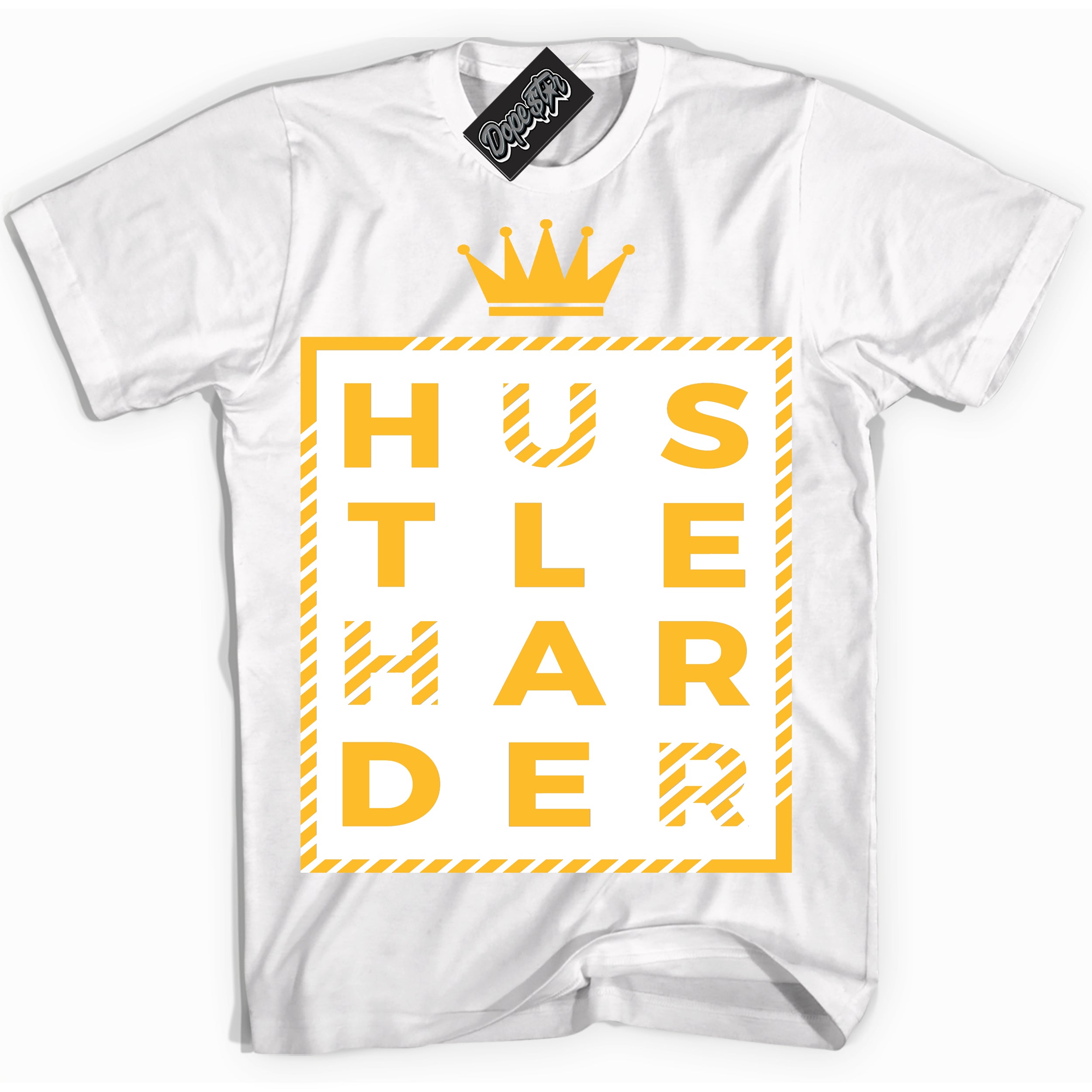 Cool White Shirt with “ Hustle Harder ” design that perfectly matches White University Gold Sneakers.