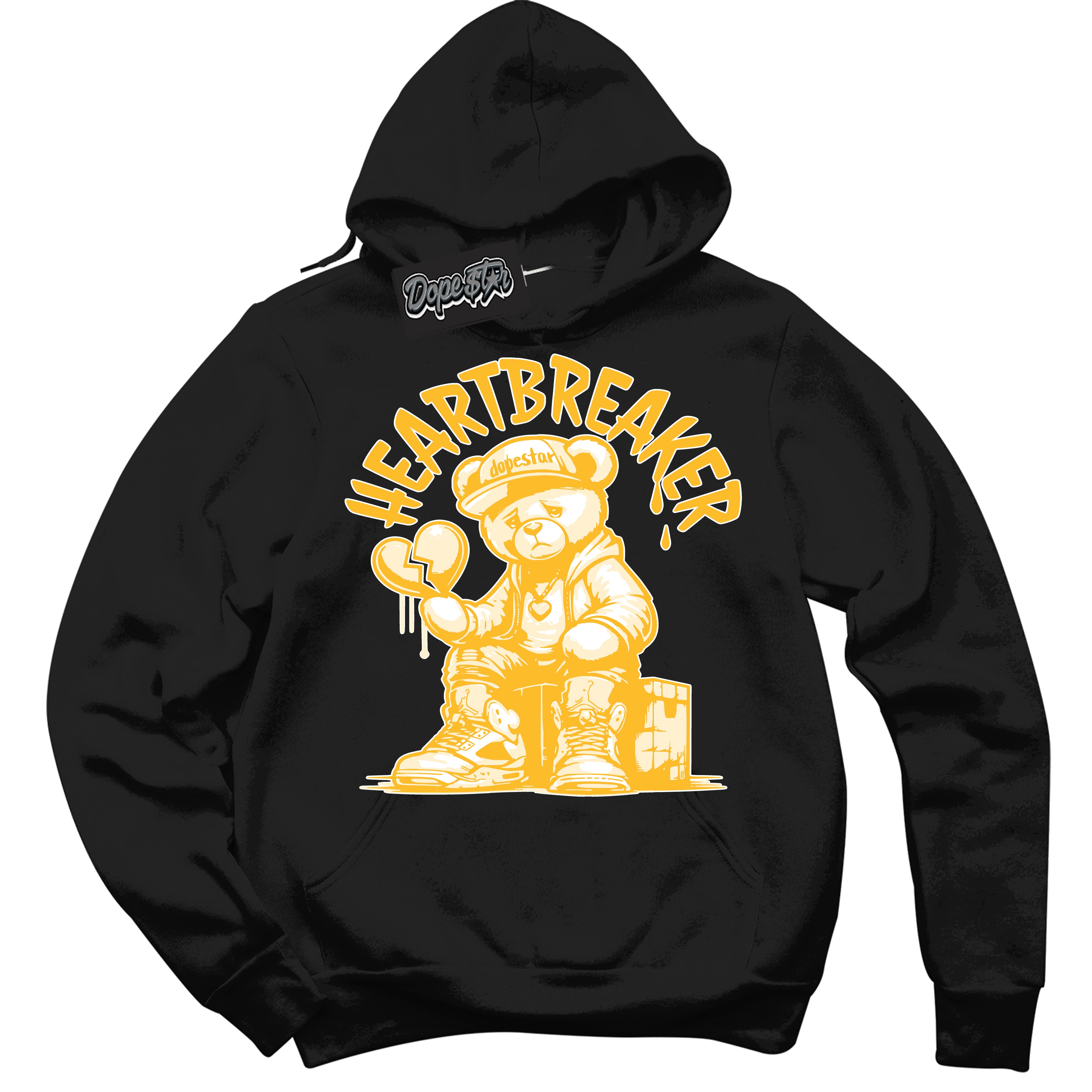 Cool Black Hoodie with “ Heartbreaker Bear '' design that Perfectly Matches  White University Gold Sneakers.