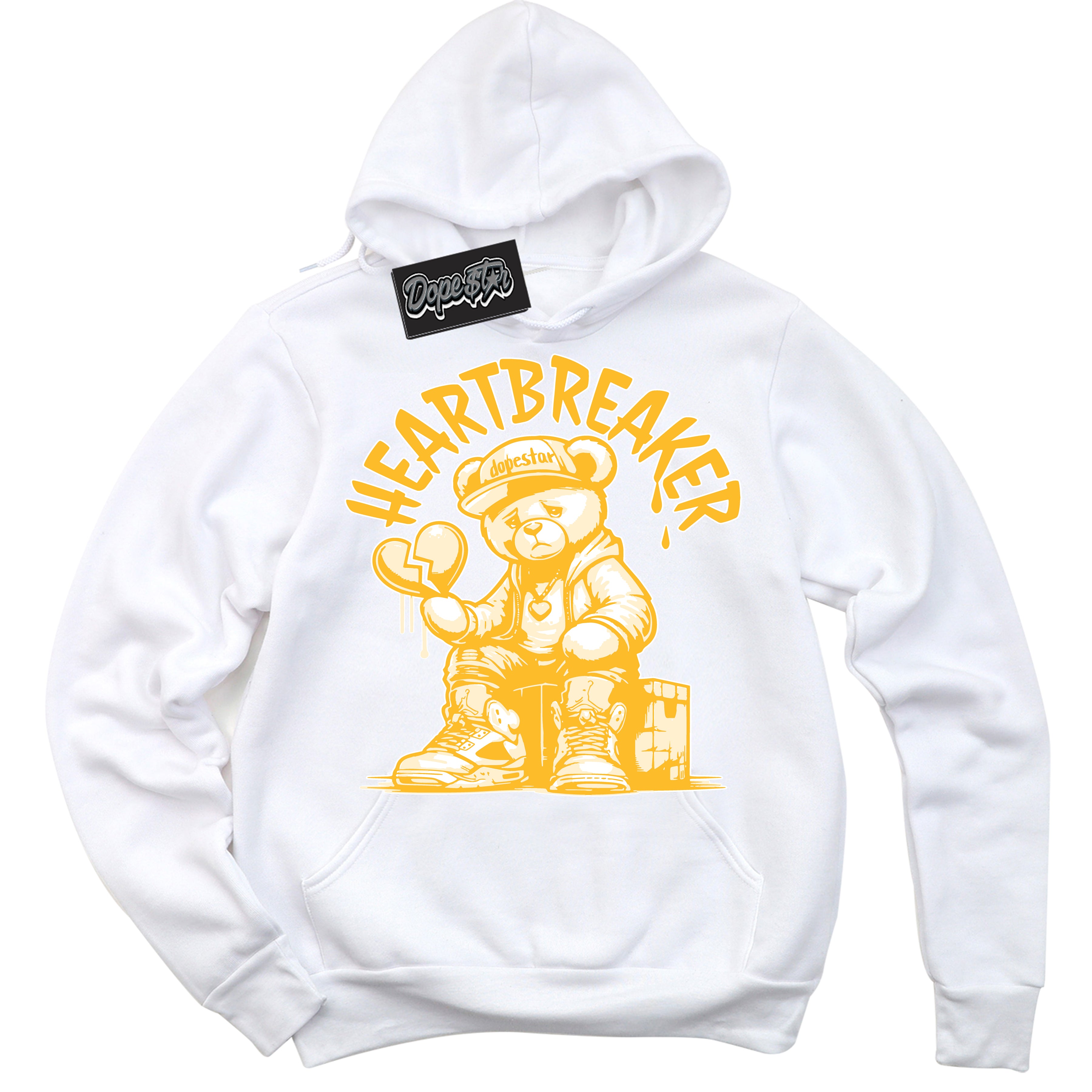 Cool White Hoodie with “ Heartbreaker Bear '' design that Perfectly Matches  White University Gold Sneakers.