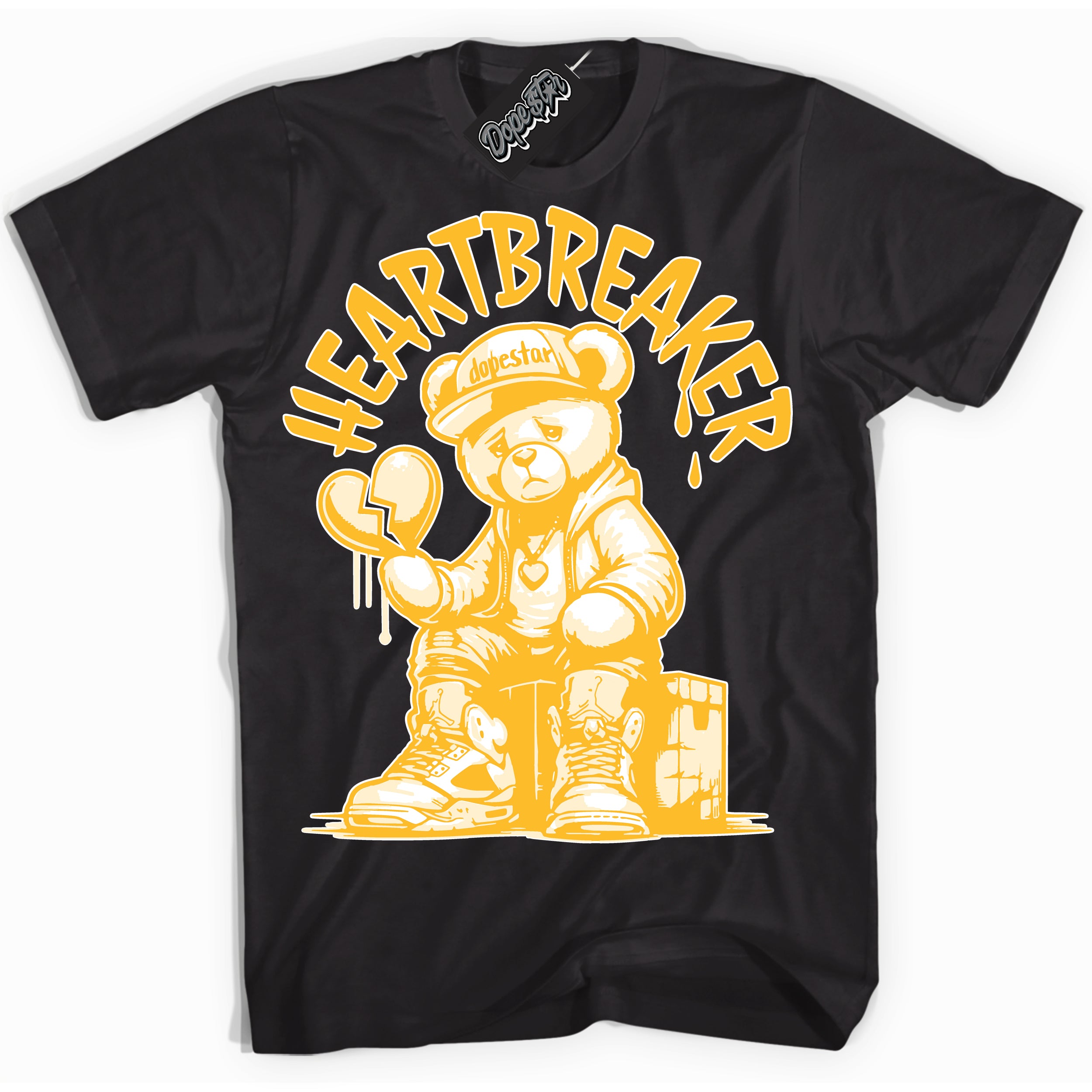 Cool Black Shirt with “ Heartbreaker Bear ” design that perfectly matches White University Gold Sneakers.