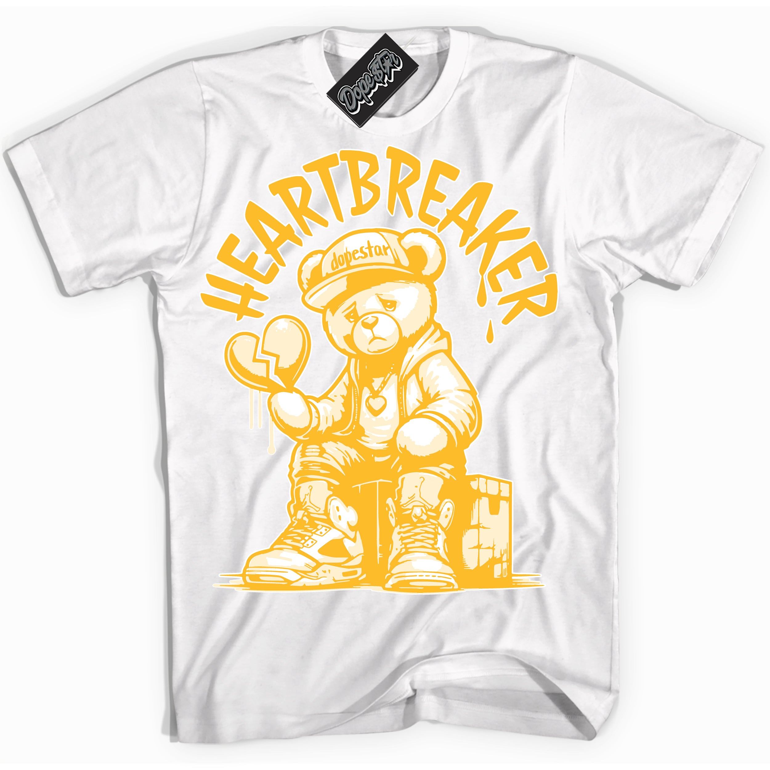 Cool White Shirt with “ Heartbreaker Bear ” design that perfectly matches White University Gold Sneakers.