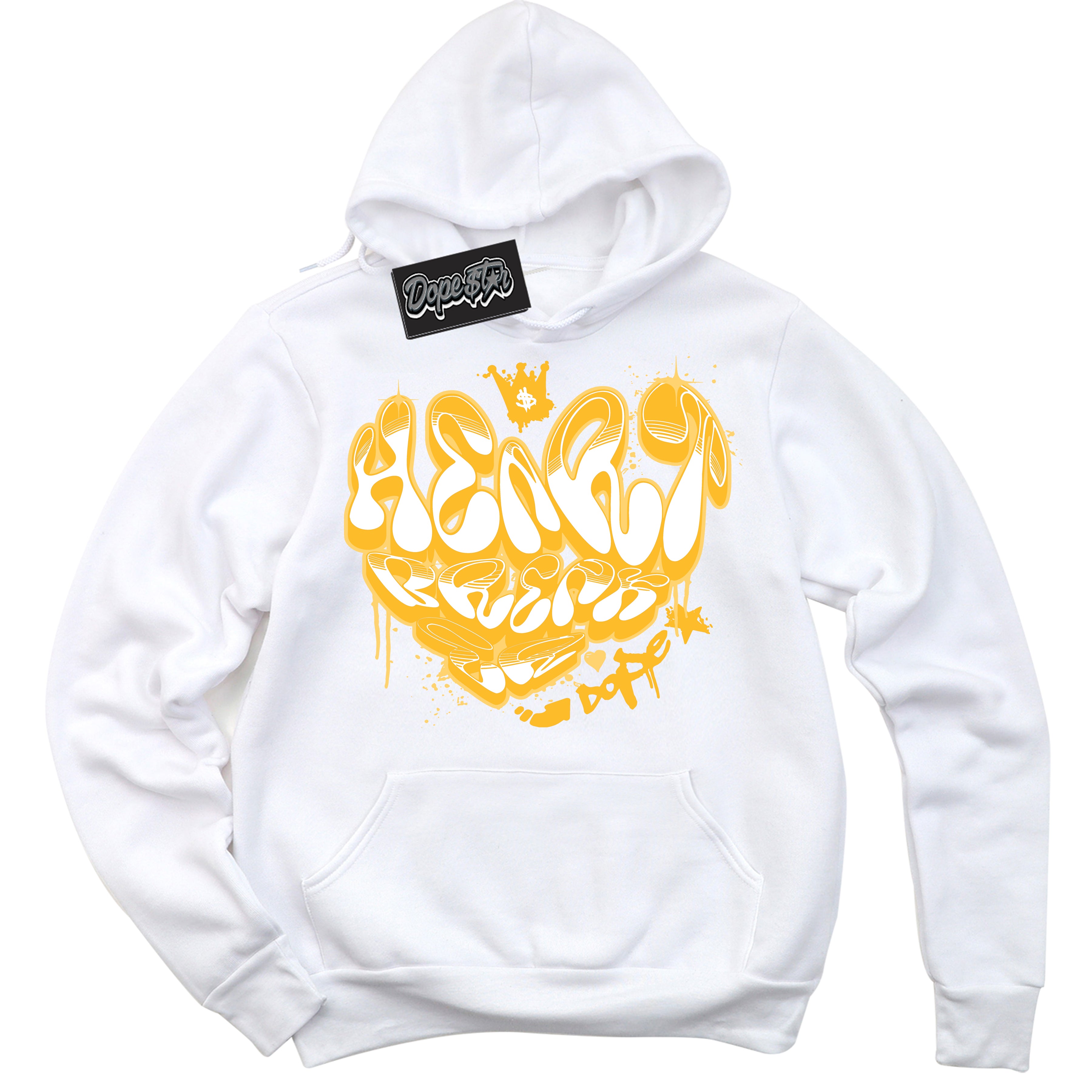 Cool White Hoodie with “ Heartbreaker Graffiti '' design that Perfectly Matches  White University Gold Sneakers.