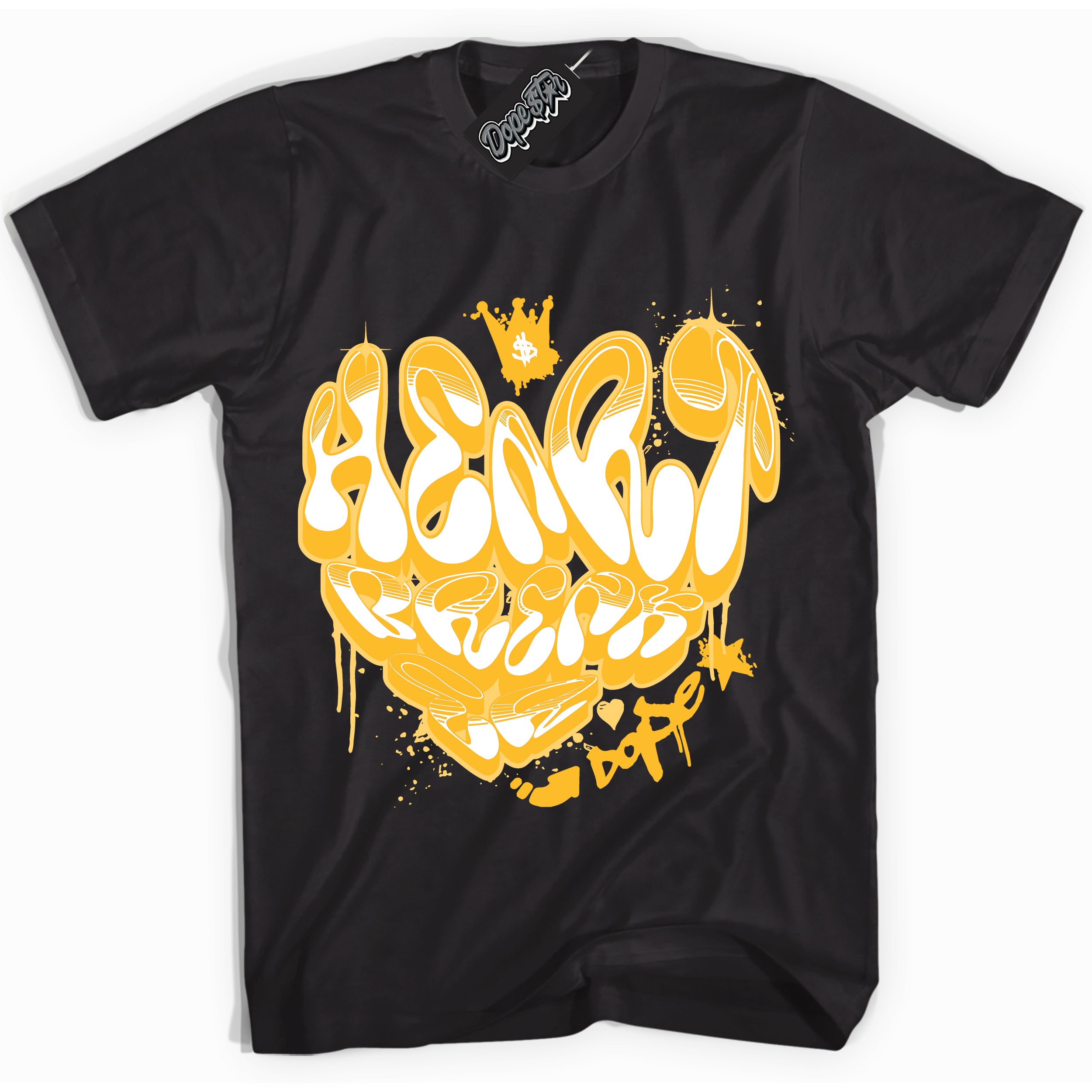 Cool Black Shirt with “ Heartbreaker Graffiti ” design that perfectly matches White University Gold Sneakers.