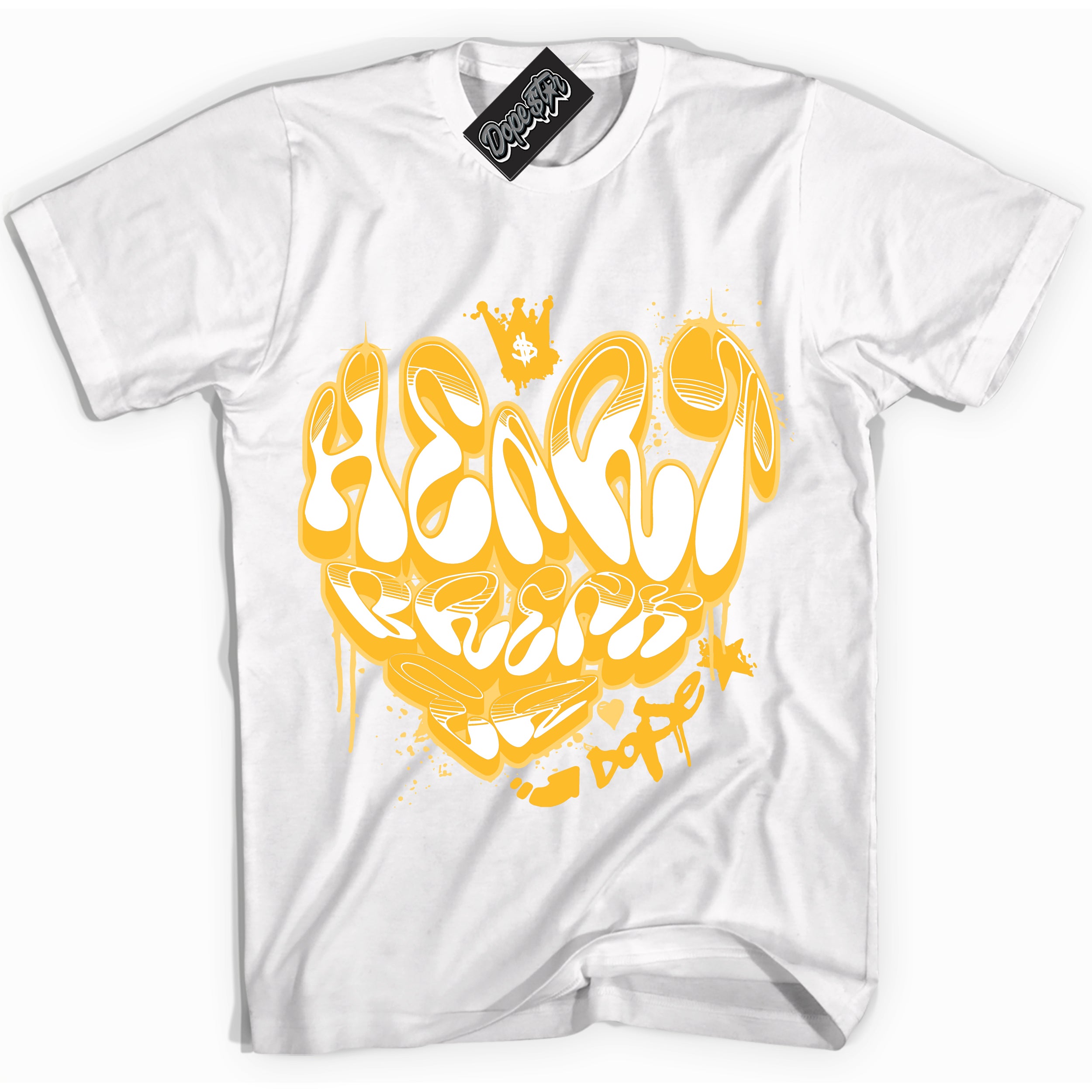 Cool White Shirt with “ Heartbreaker Graffiti ” design that perfectly matches White University Gold Sneakers.