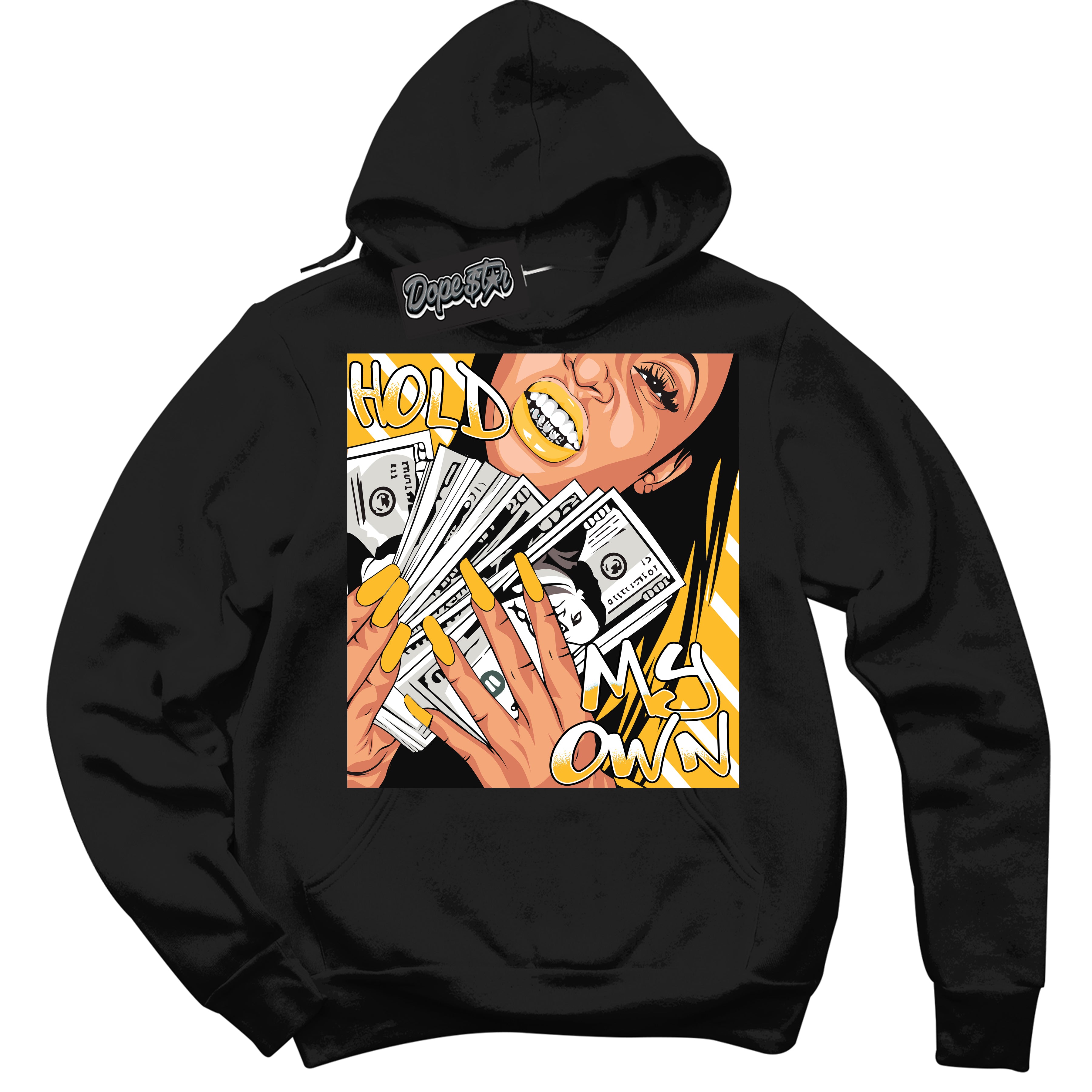 Cool Black Hoodie with “ Hold My Own '' design that Perfectly Matches  White University Gold Sneakers.