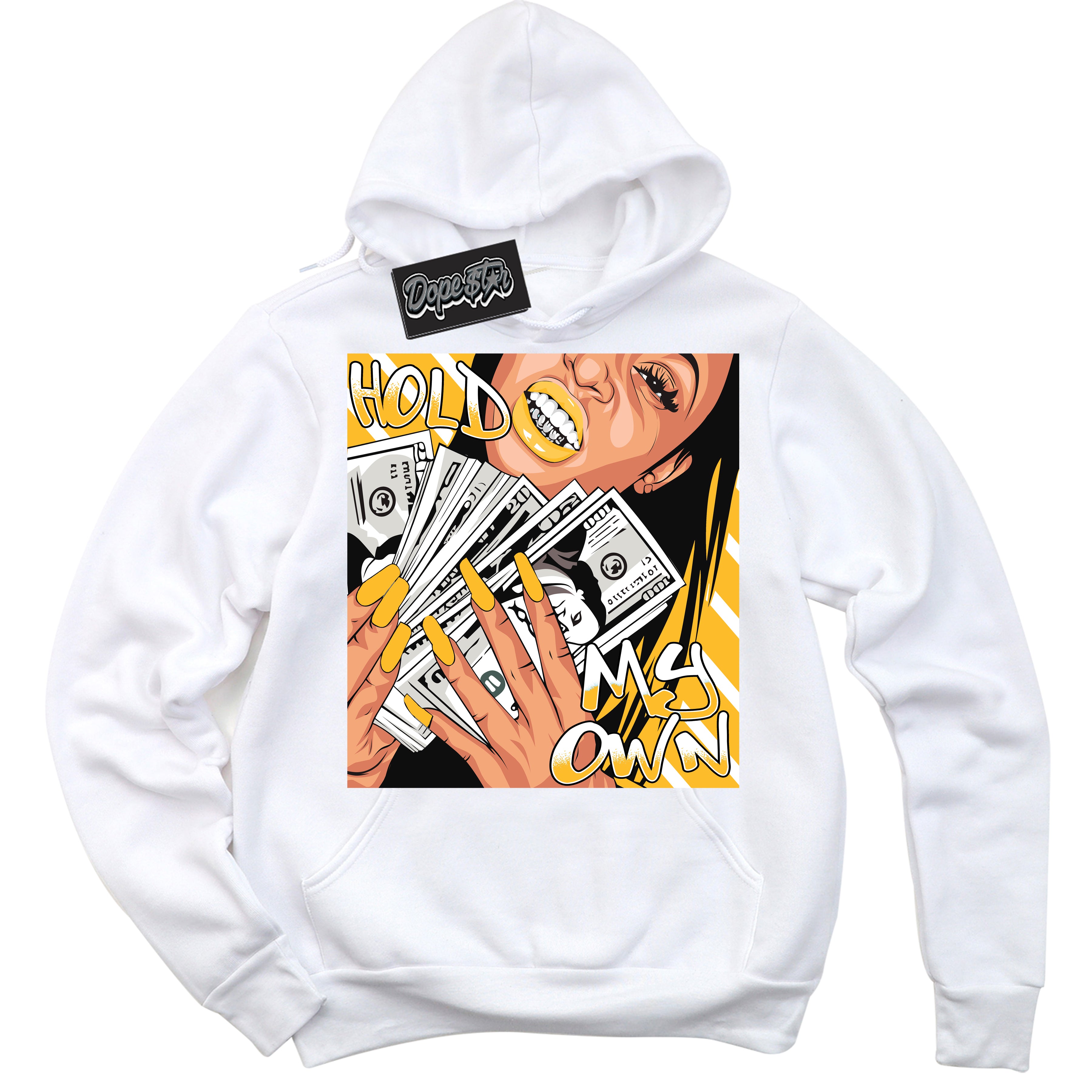 Cool White Hoodie with “ Hold My Own '' design that Perfectly Matches  White University Gold Sneakers.