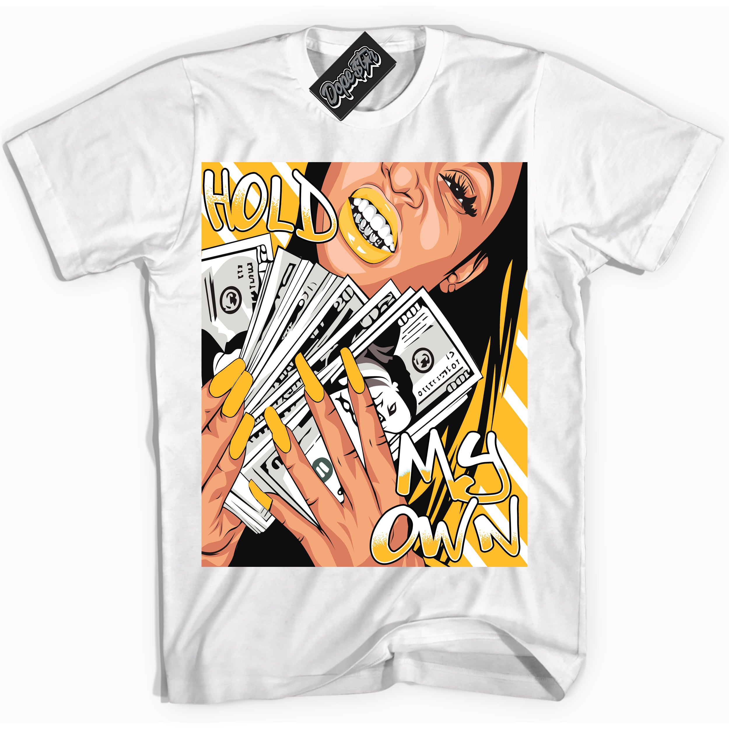 Cool White Shirt with “ Hold My Own ” design that perfectly matches White University Gold Sneakers.