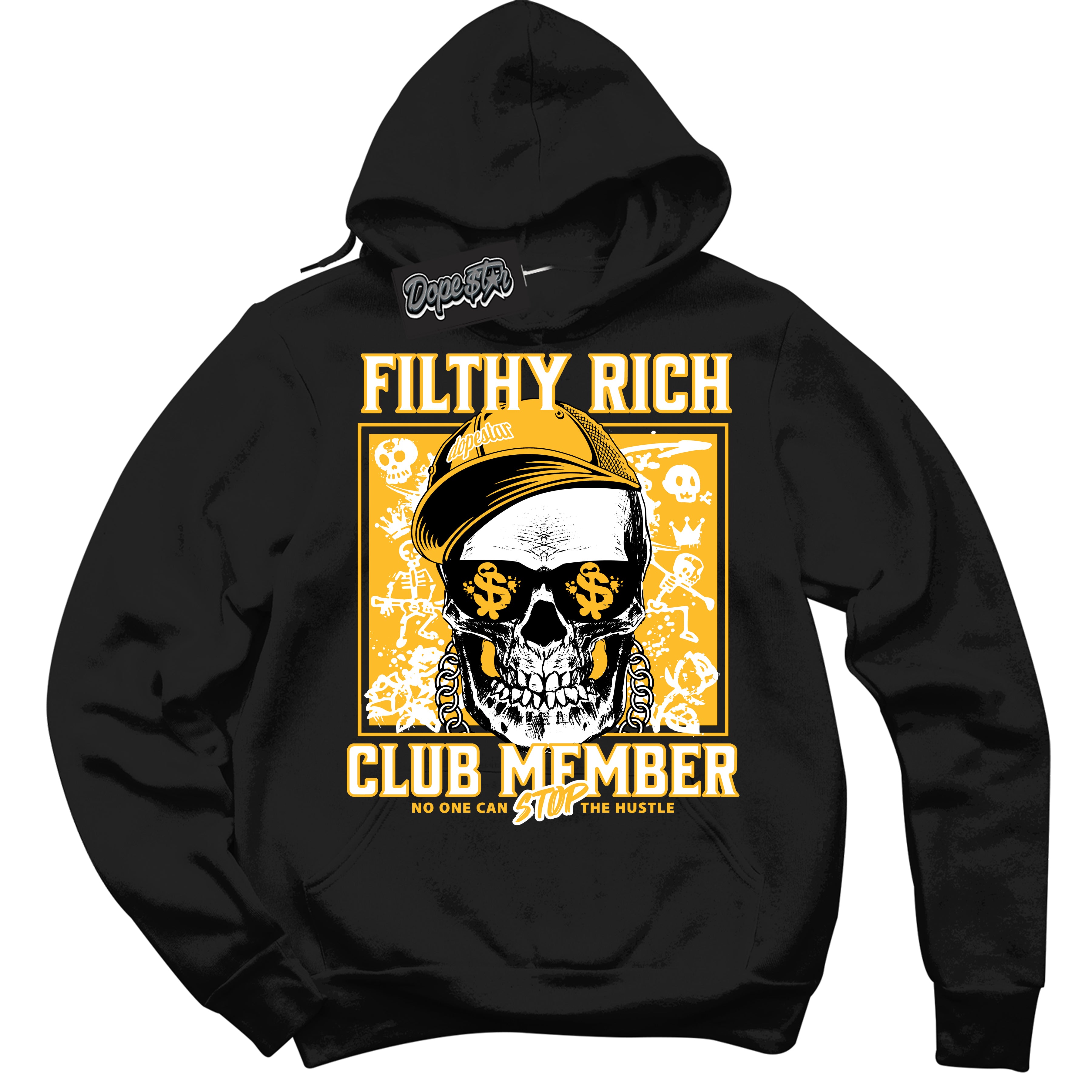 Cool Black Hoodie with “ Filthy Rich ”  design that Perfectly Matches White University Gold Sneakers.