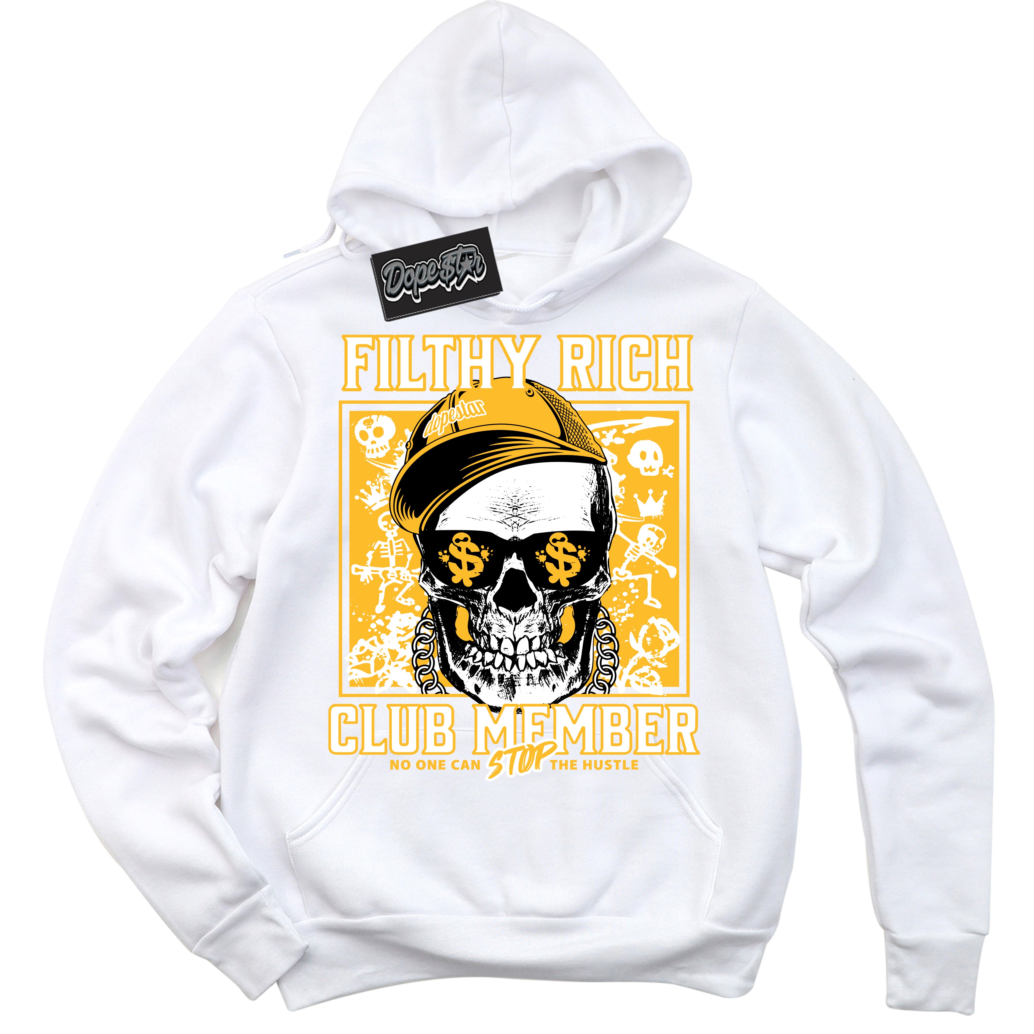 Cool White Hoodie with “ Filthy Rich ”  design that Perfectly Matches White University Gold Sneakers.