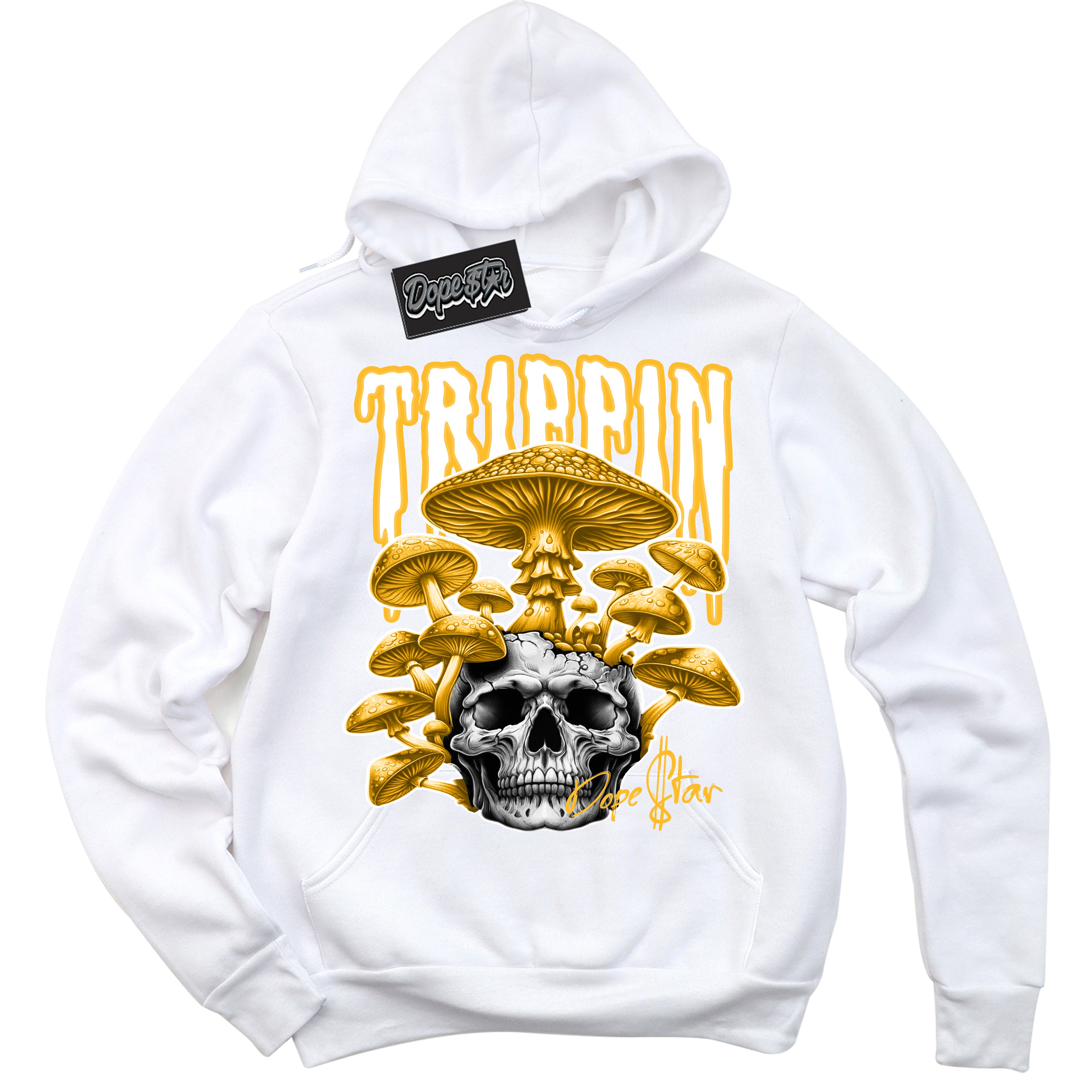 Cool White Hoodie with “Trippin” design that Perfectly Matches White University Gold Dunk Sneakers.