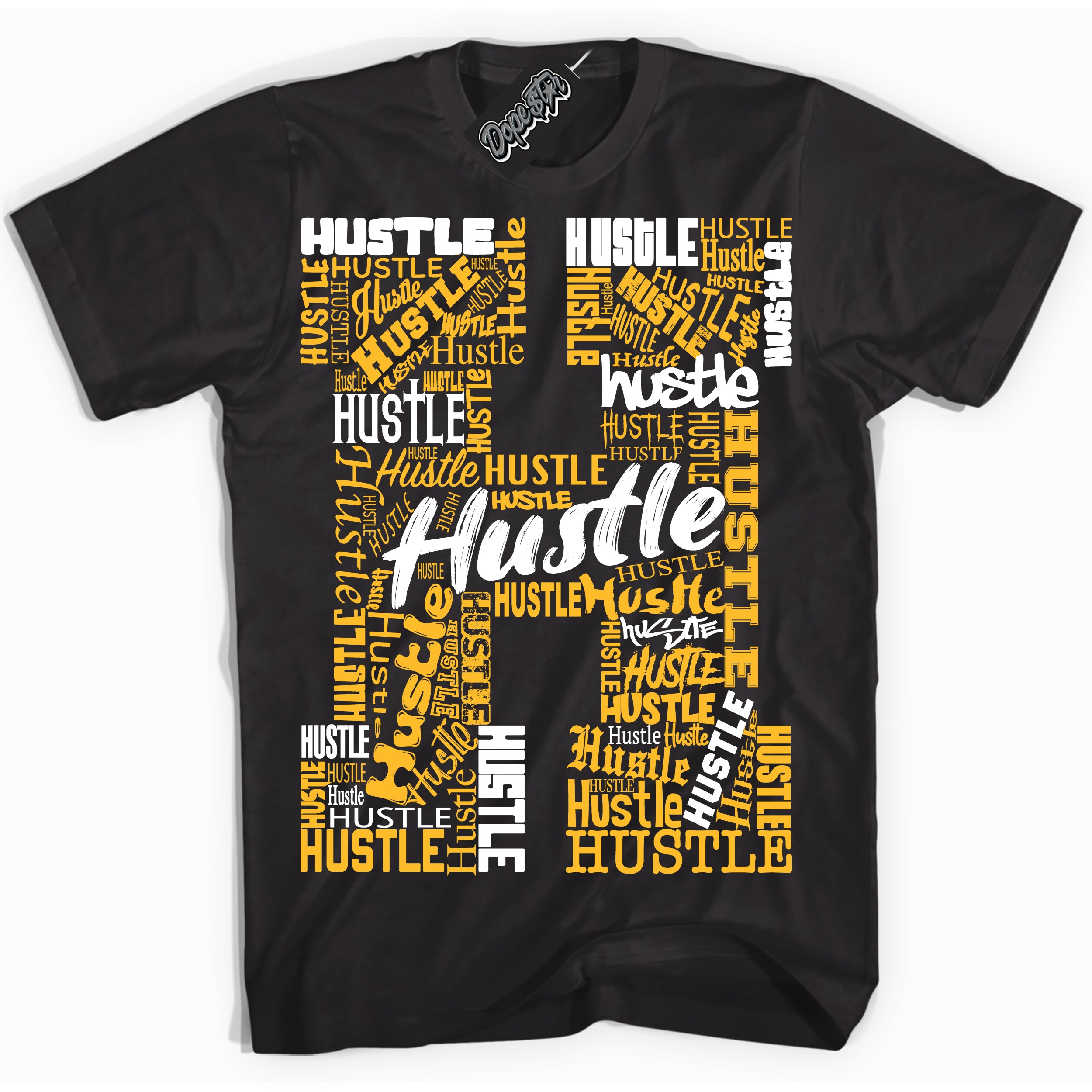 Cool Black Shirt with “ H For Hustle ” design that perfectly matches White University Gold Sneakers.