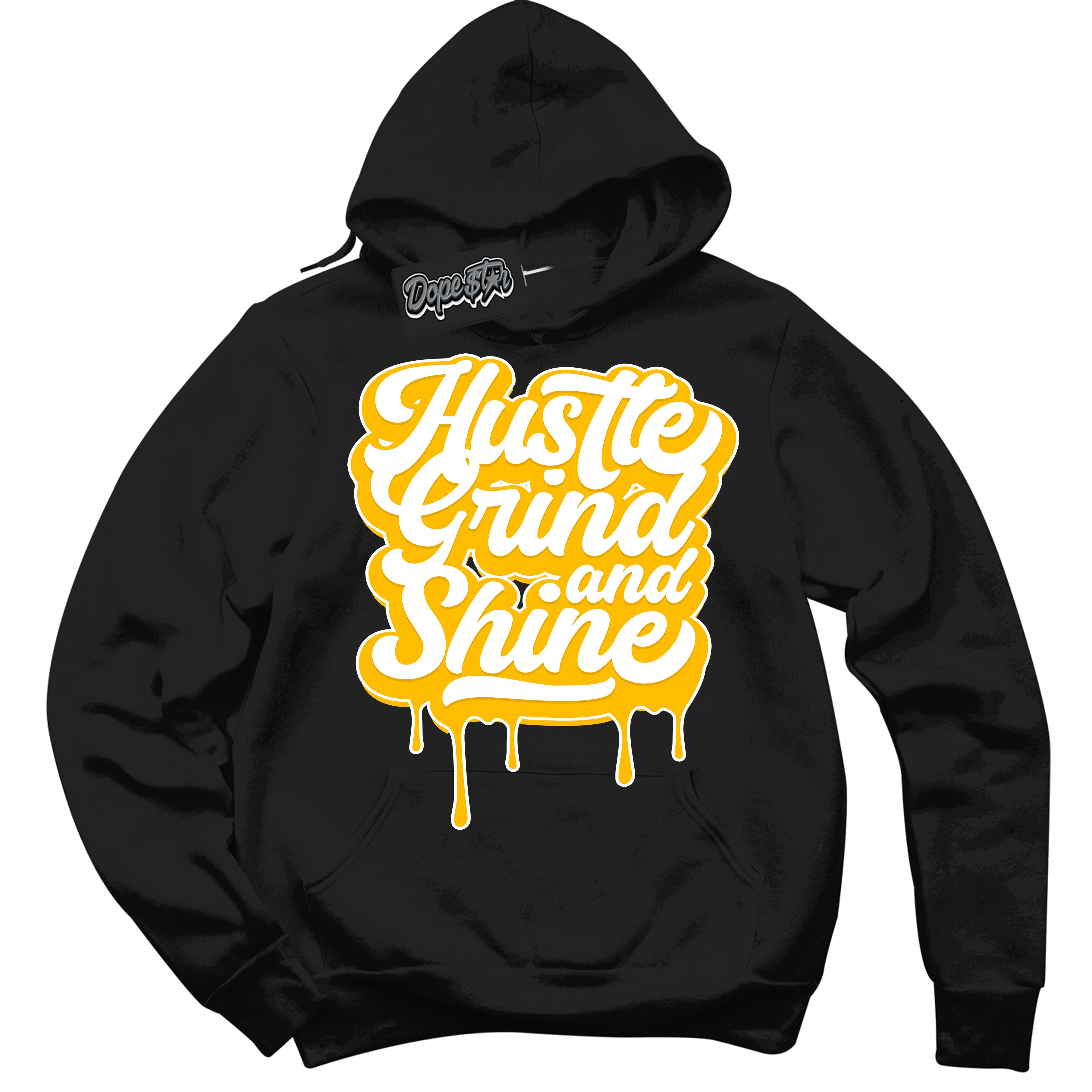 Cool Black Hoodie with “ Hustle Grind And Shine '' design that Perfectly Matches  White University Gold Sneakers.