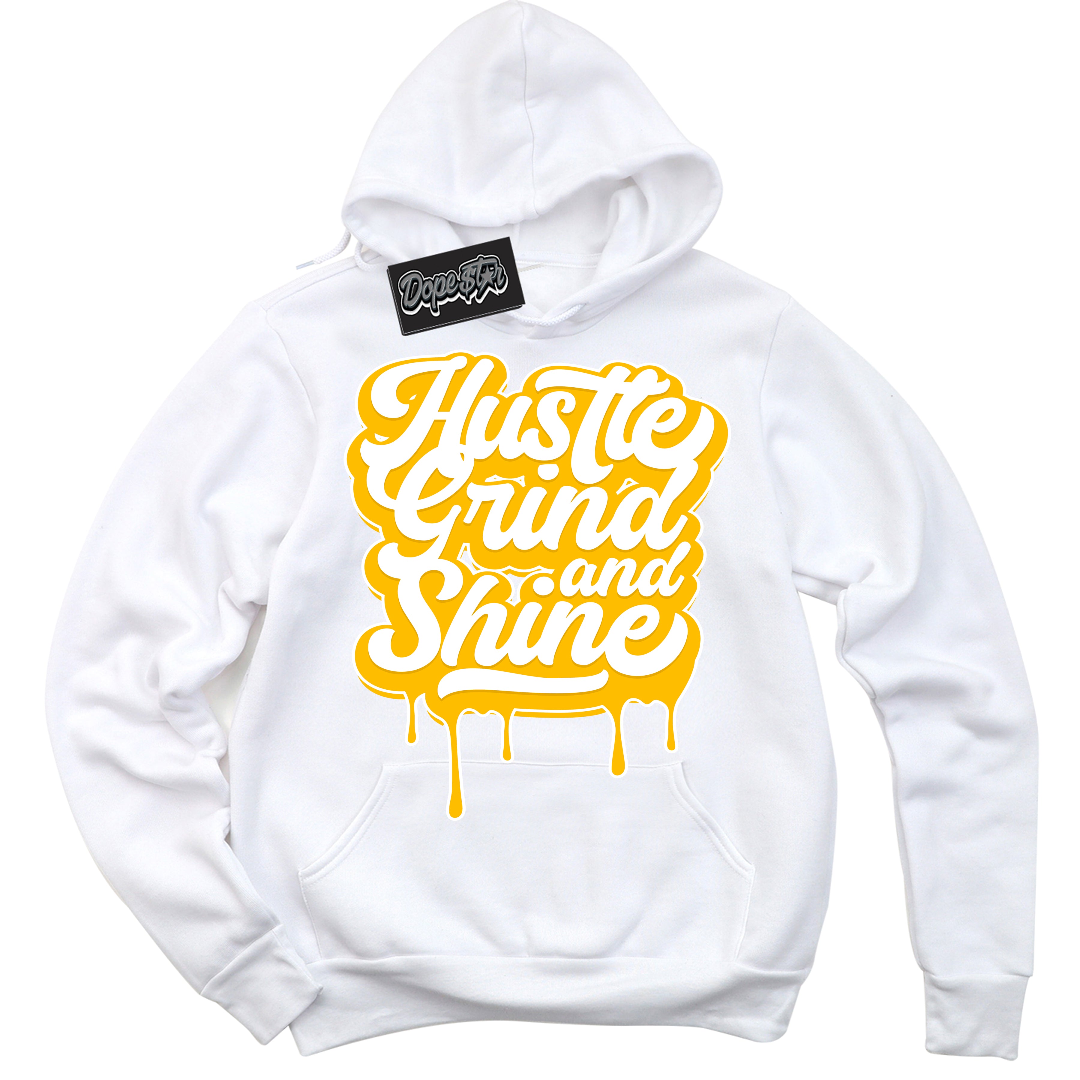 Cool White Hoodie with “ Hustle Grind And Shine '' design that Perfectly Matches  White University Gold Sneakers.