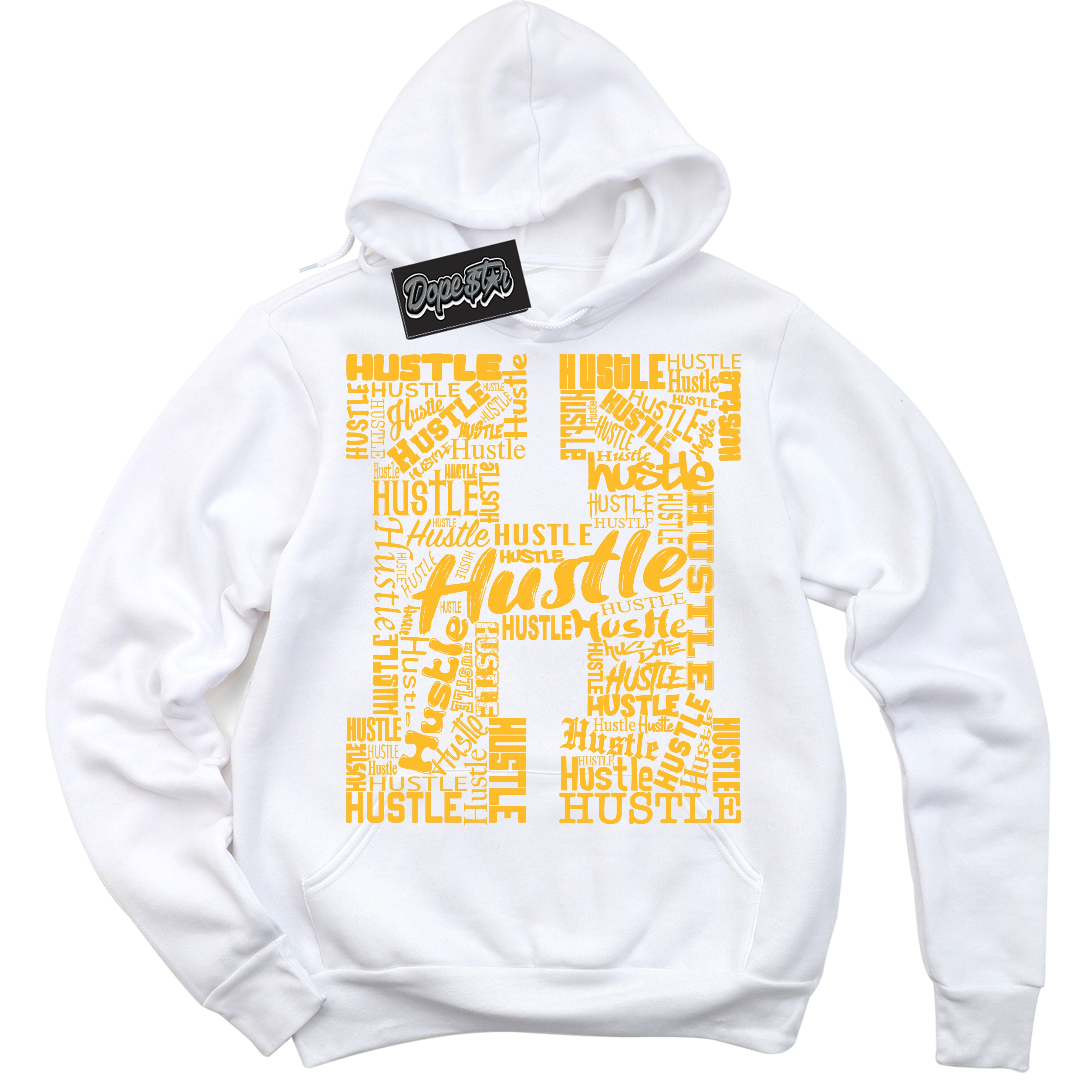 Cool White Hoodie with “ H For Hustle '' design that Perfectly Matches  White University Gold Sneakers.