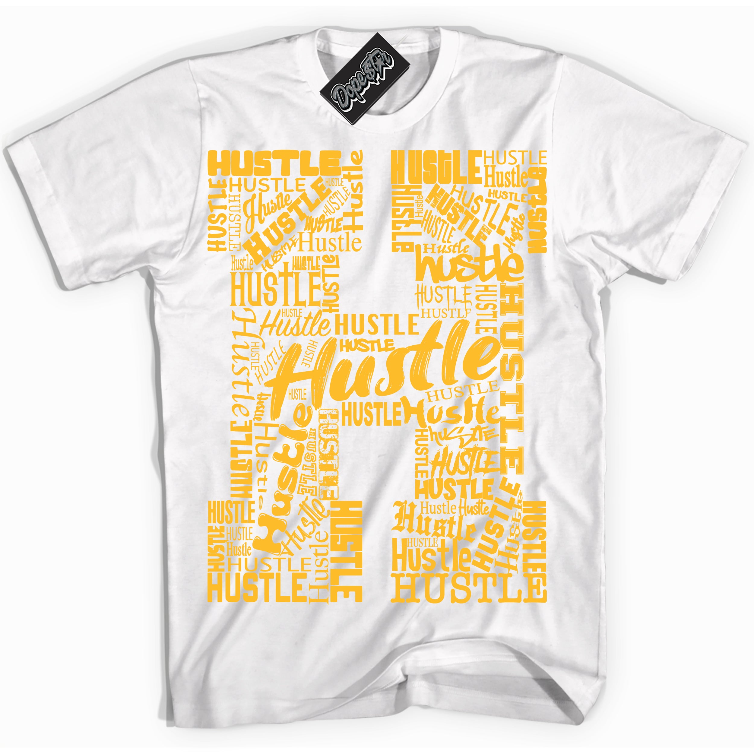 Cool White Shirt with “ H For Hustle ” design that perfectly matches White University Gold Sneakers.