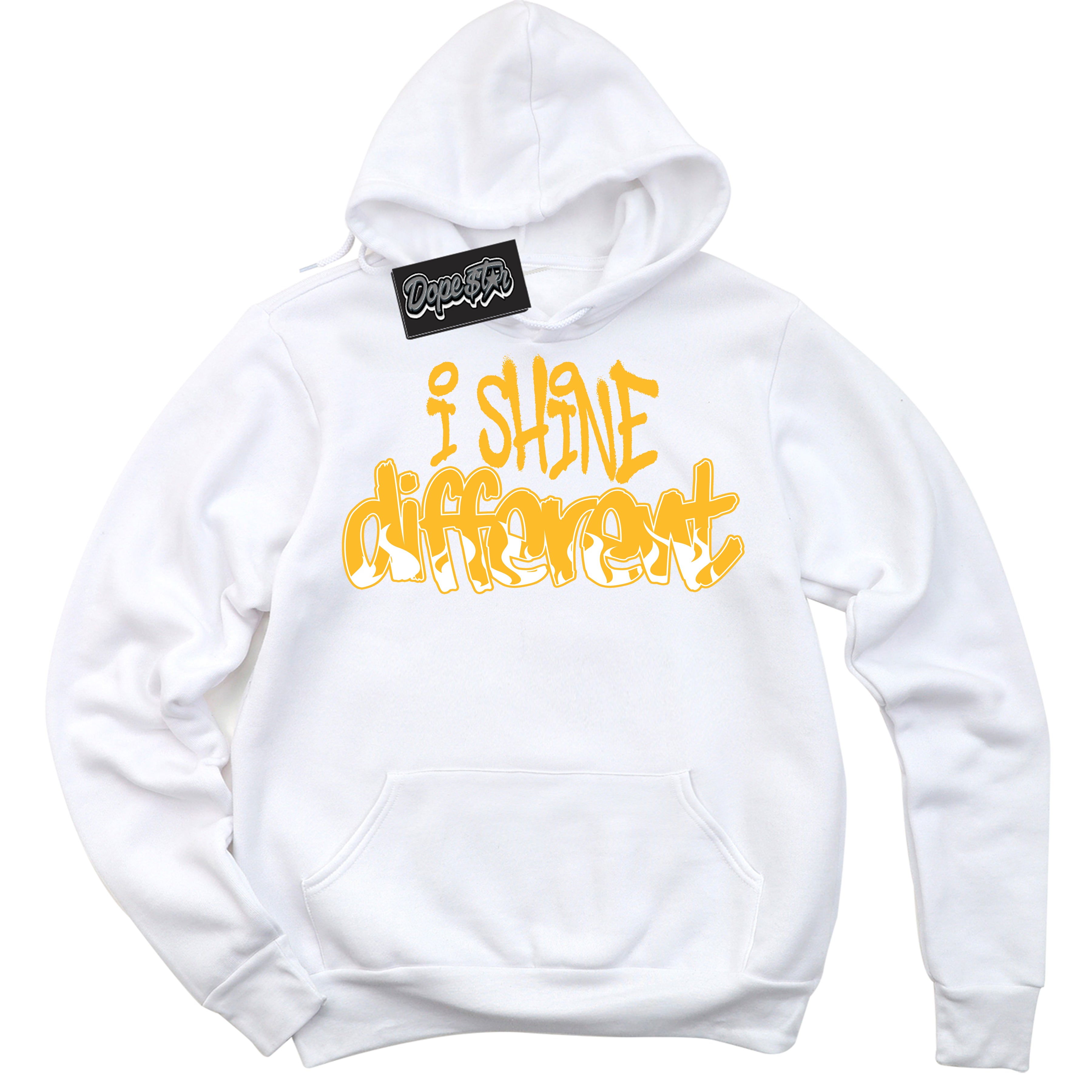 Cool White Hoodie with “ I Shine Different '' design that Perfectly Matches  White University Gold Sneakers.