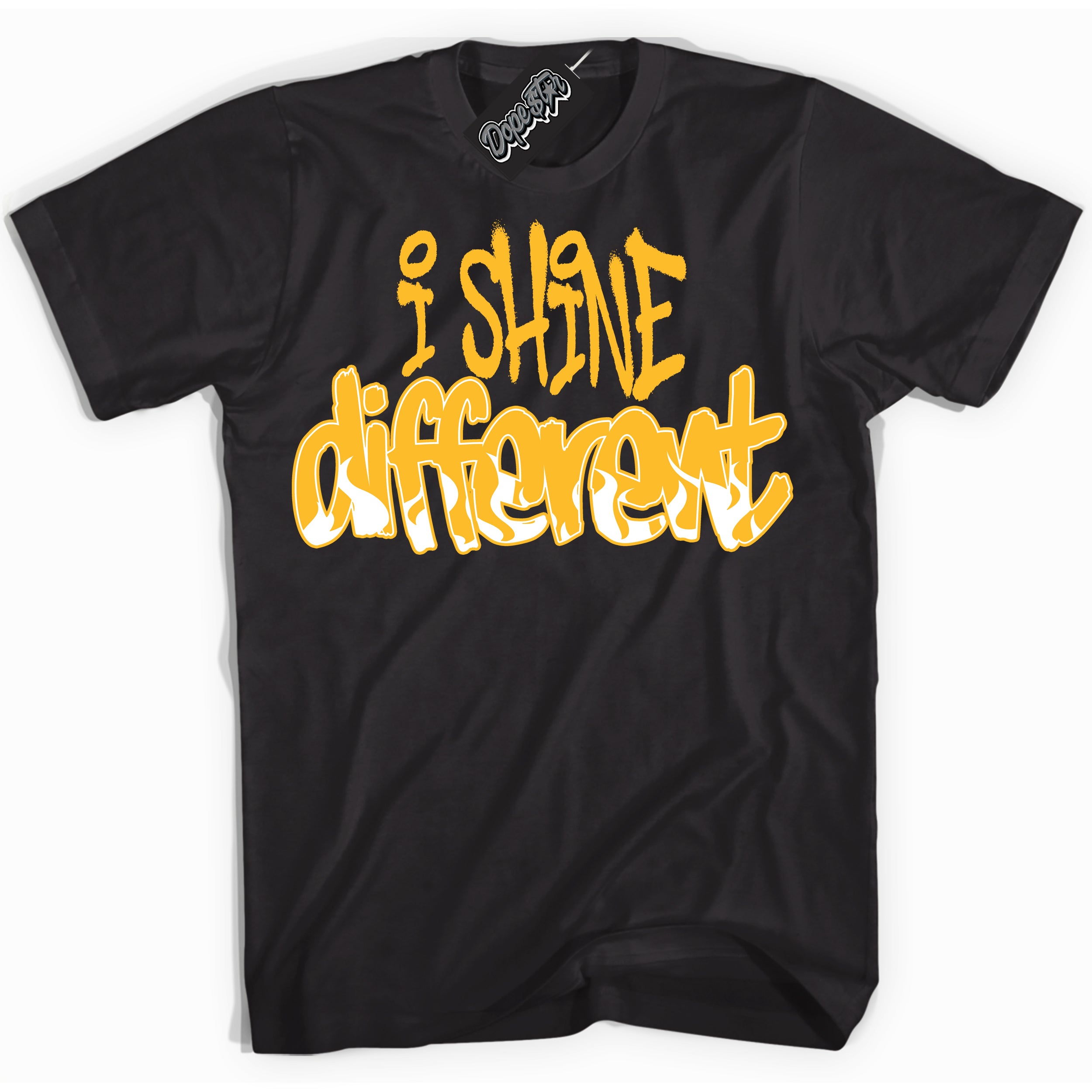 Cool Black Shirt with “ I Shine Different ” design that perfectly matches White University Gold Sneakers.