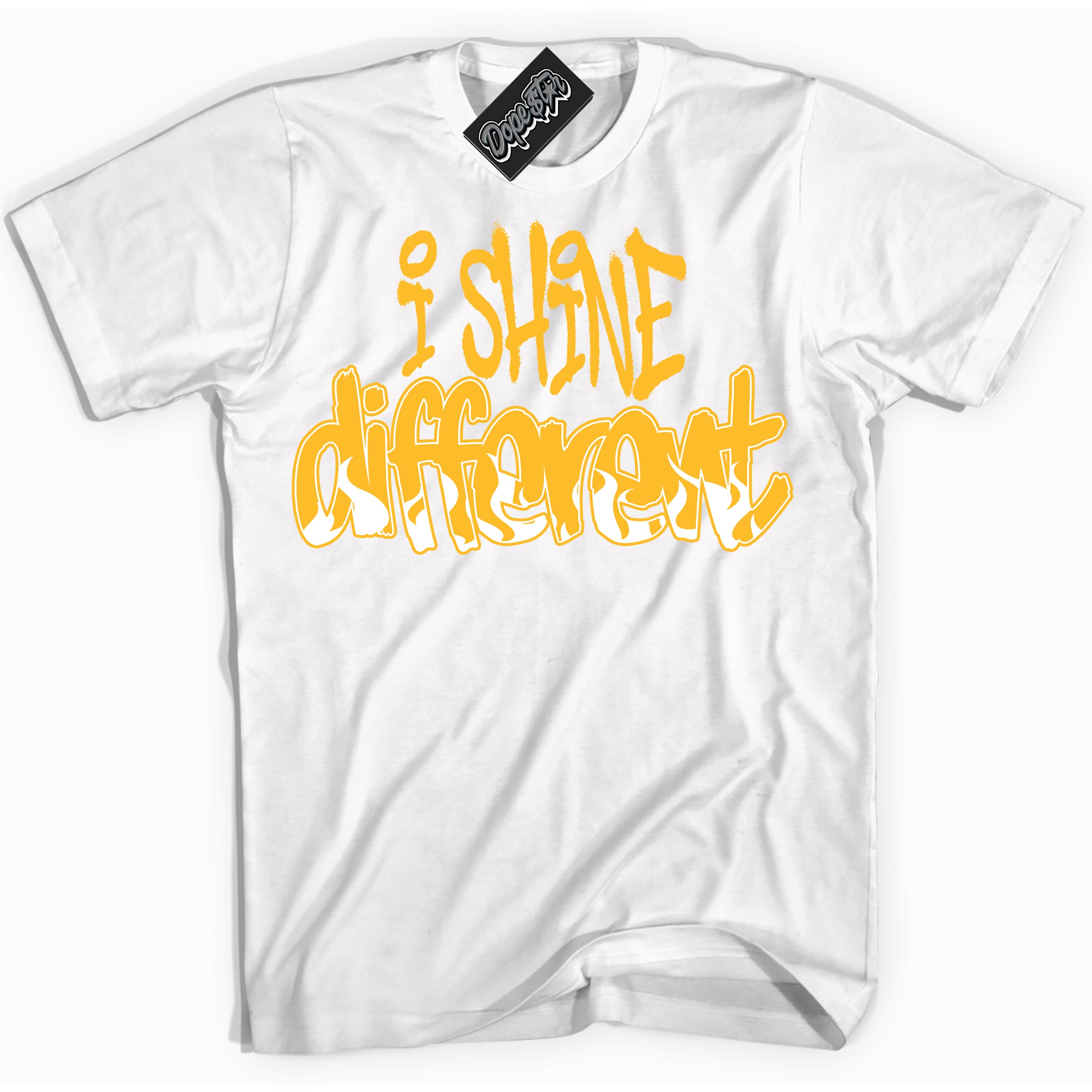 Cool White Shirt with “ I Shine Different ” design that perfectly matches White University Gold Sneakers.