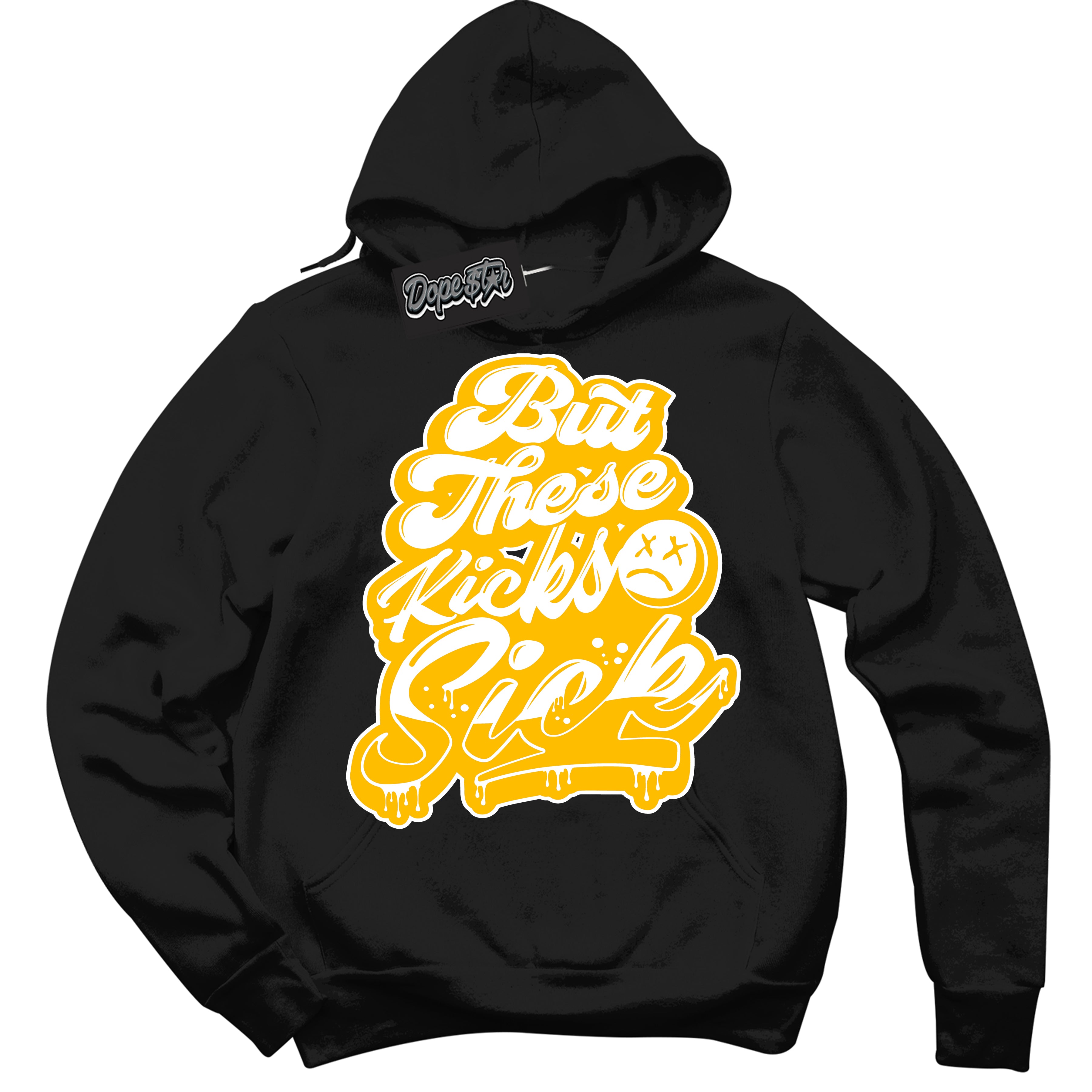 Cool Black Hoodie with “ Kick Sick '' design that Perfectly Matches  White University Gold Sneakers.