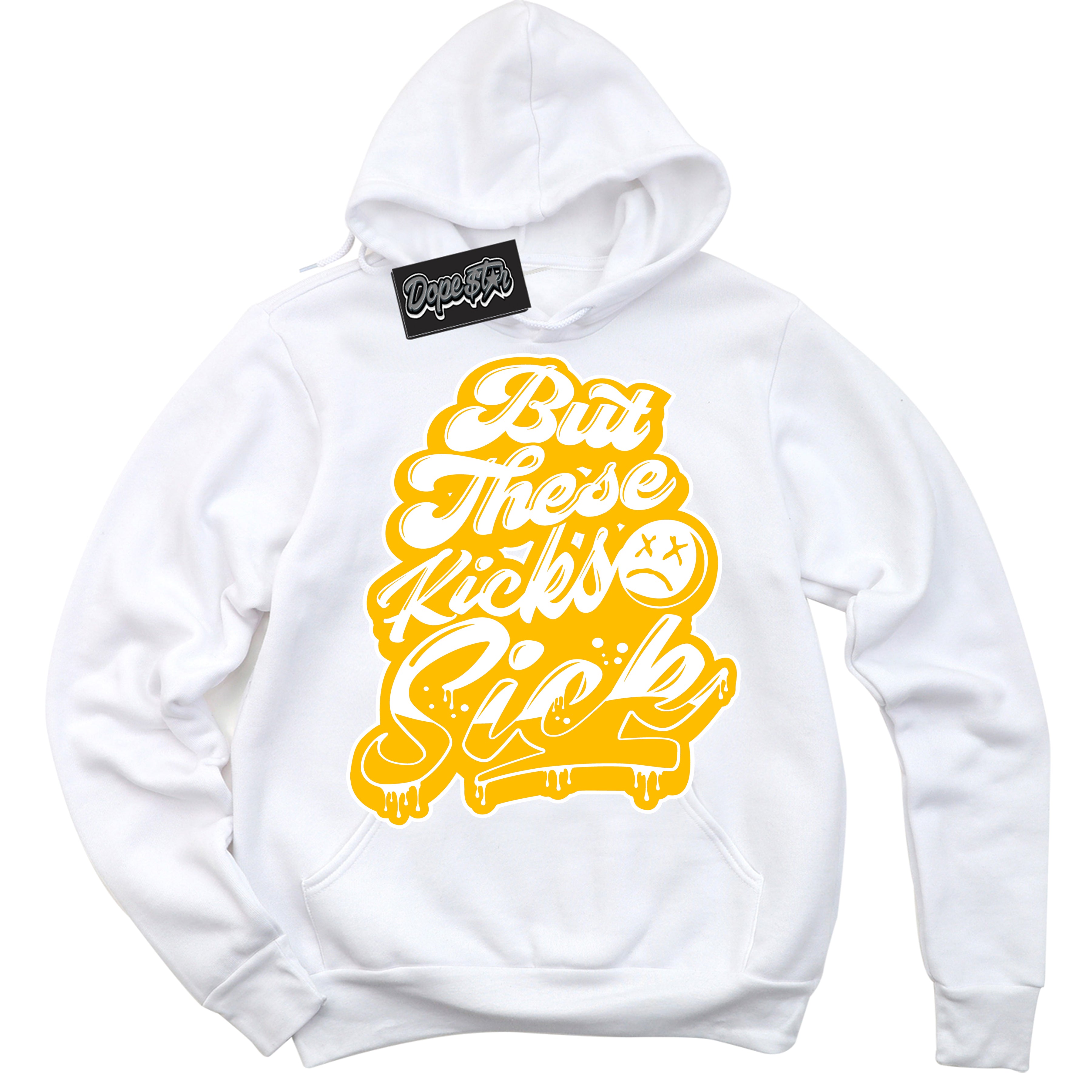 Cool White Hoodie with “ Kick Sick '' design that Perfectly Matches  White University Gold Sneakers.