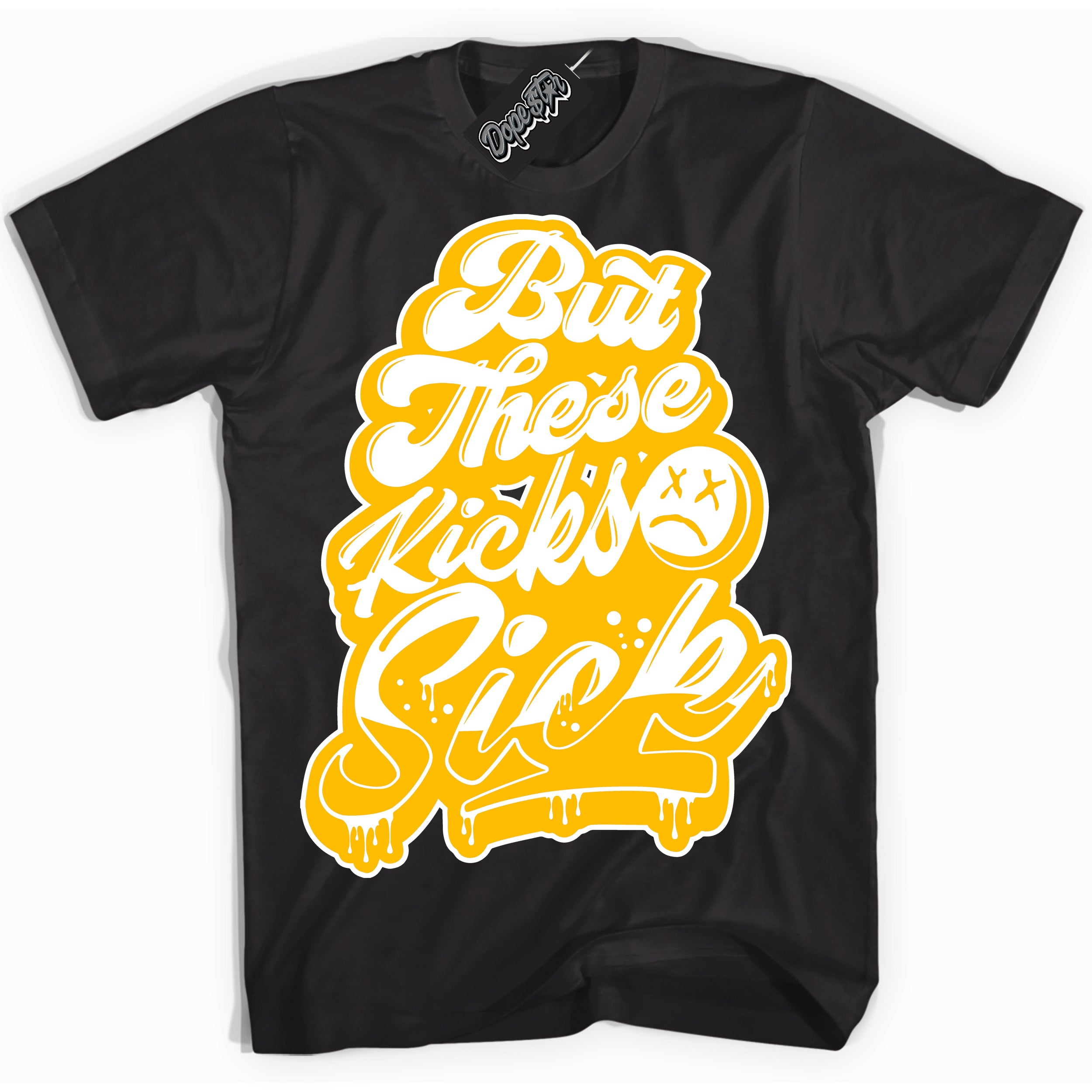 Cool Black Shirt with “ Kick Sick ” design that perfectly matches White University Gold Sneakers.